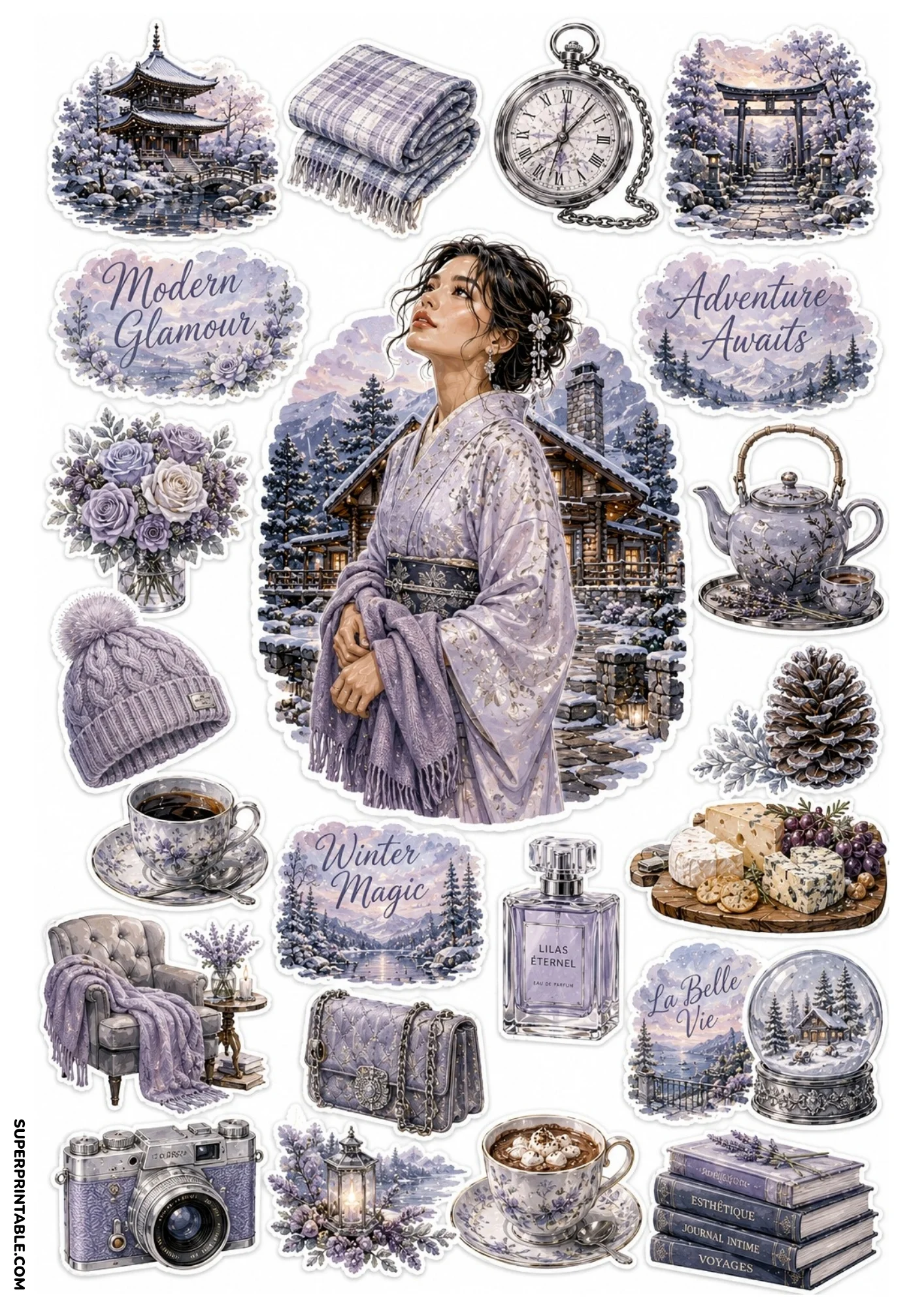 Winter aesthetic sticker sheet featuring a snow-covered Japanese temple pagoda, woman in lavender kimono, snow globe, teaset, and book stack.