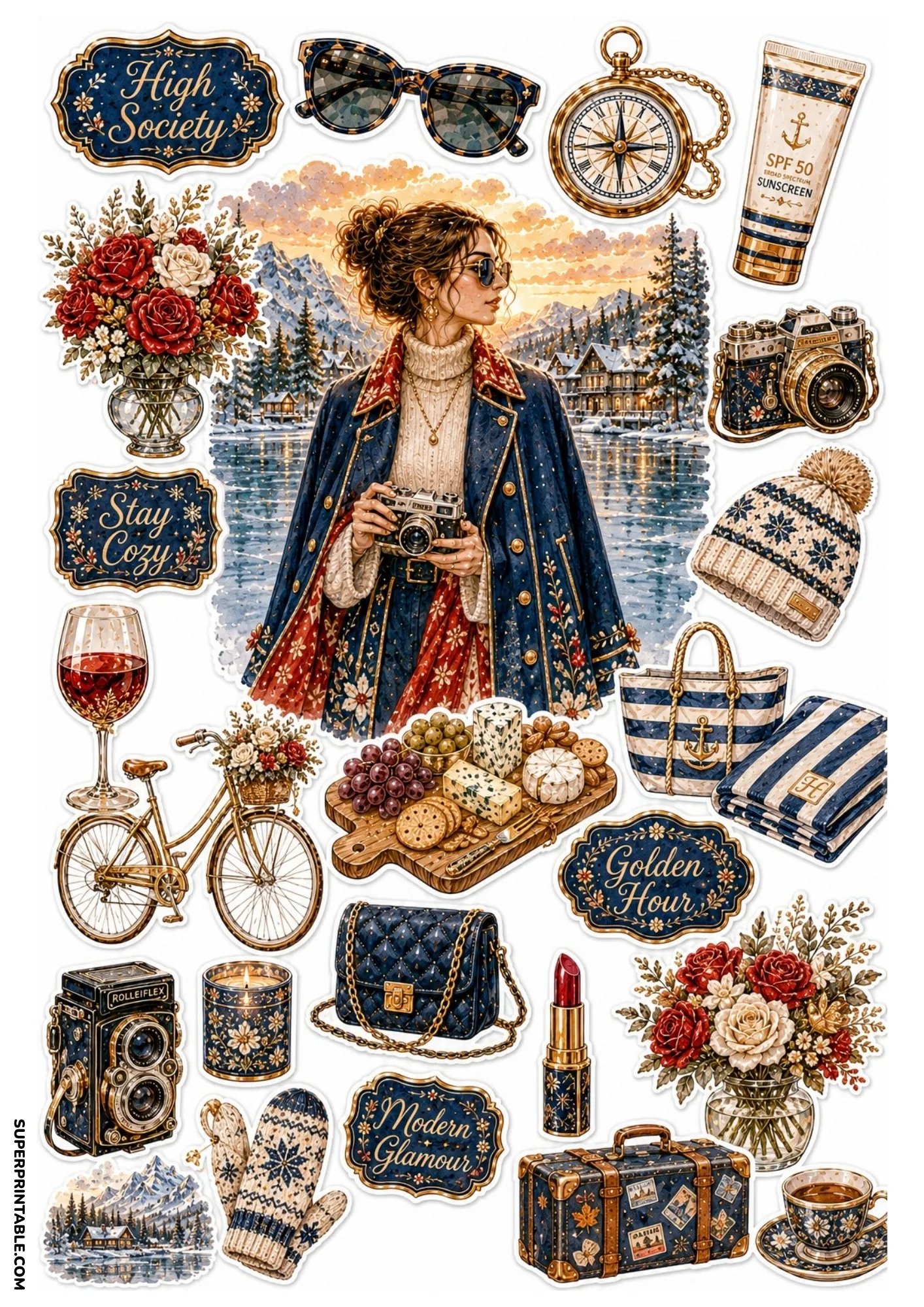 Printable sticker sheet featuring a woman in a blue winter cape by a snowy lake with cold-weather fashion stickers.