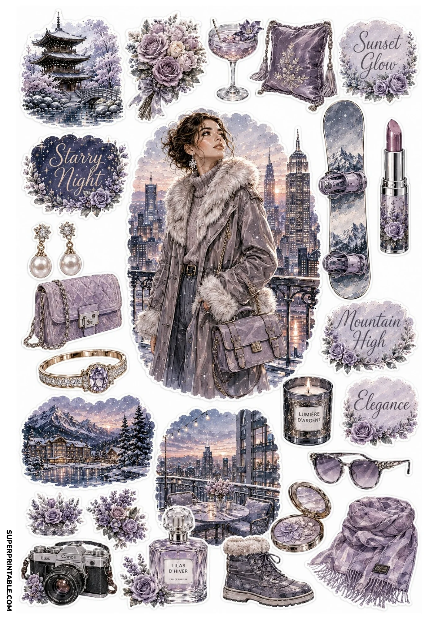 Winter purple sticker sheet showing a snow-covered pagoda temple, woman on snowy city balcony, winter boots, camera, and mountain village.