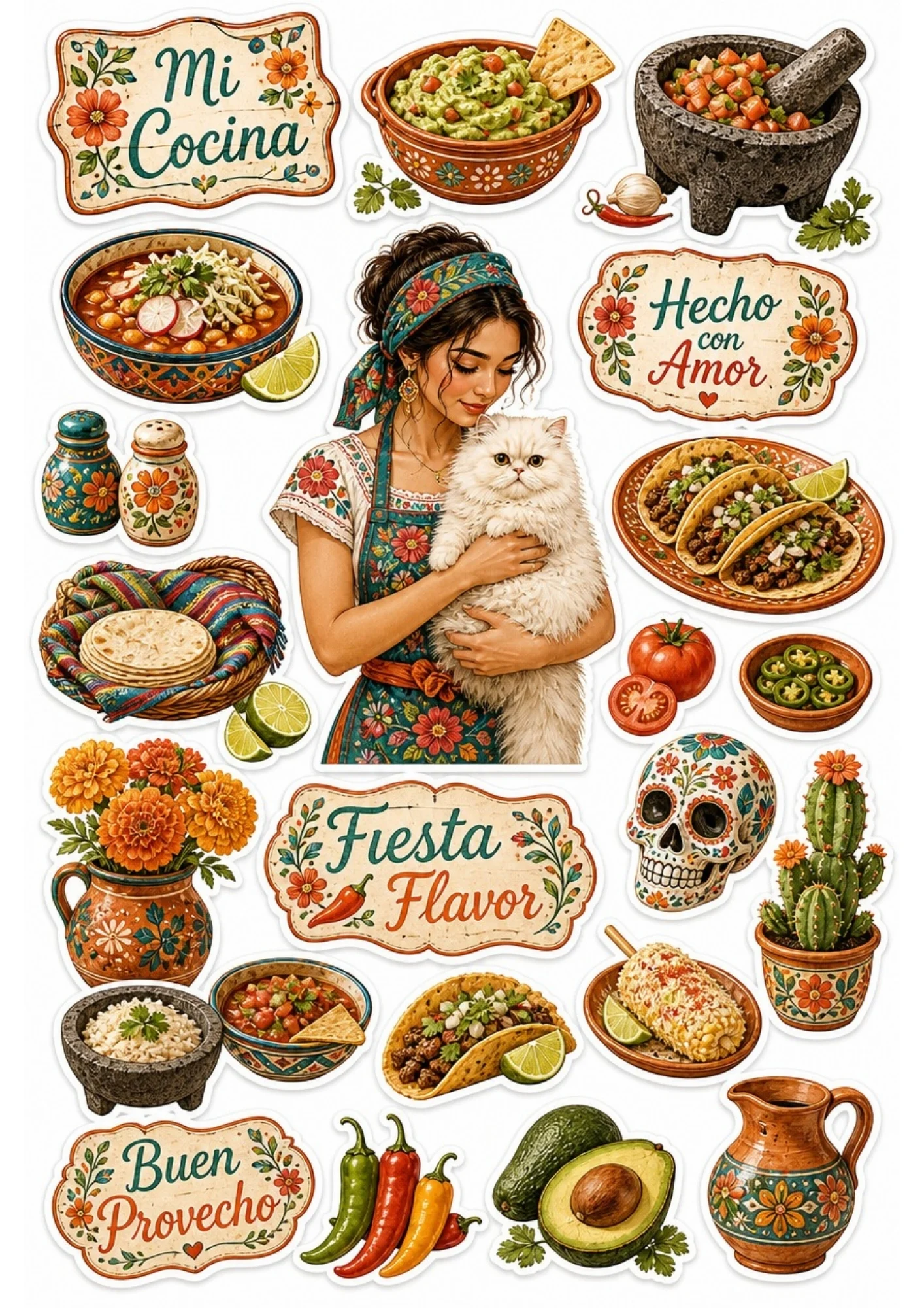 A girl holding a mug of hot chocolate in a cozy winter kitchen with a white cat. Surrounding stickers include marshmallows, winter cookies, and text saying 'Warm & Cozy' and 'Winter Treats'.