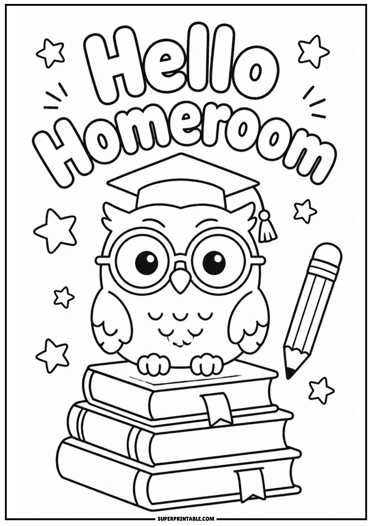 A cartoon owl wearing glasses and a graduation cap sitting on a stack of books next to a pencil under the text Hello Homeroom.