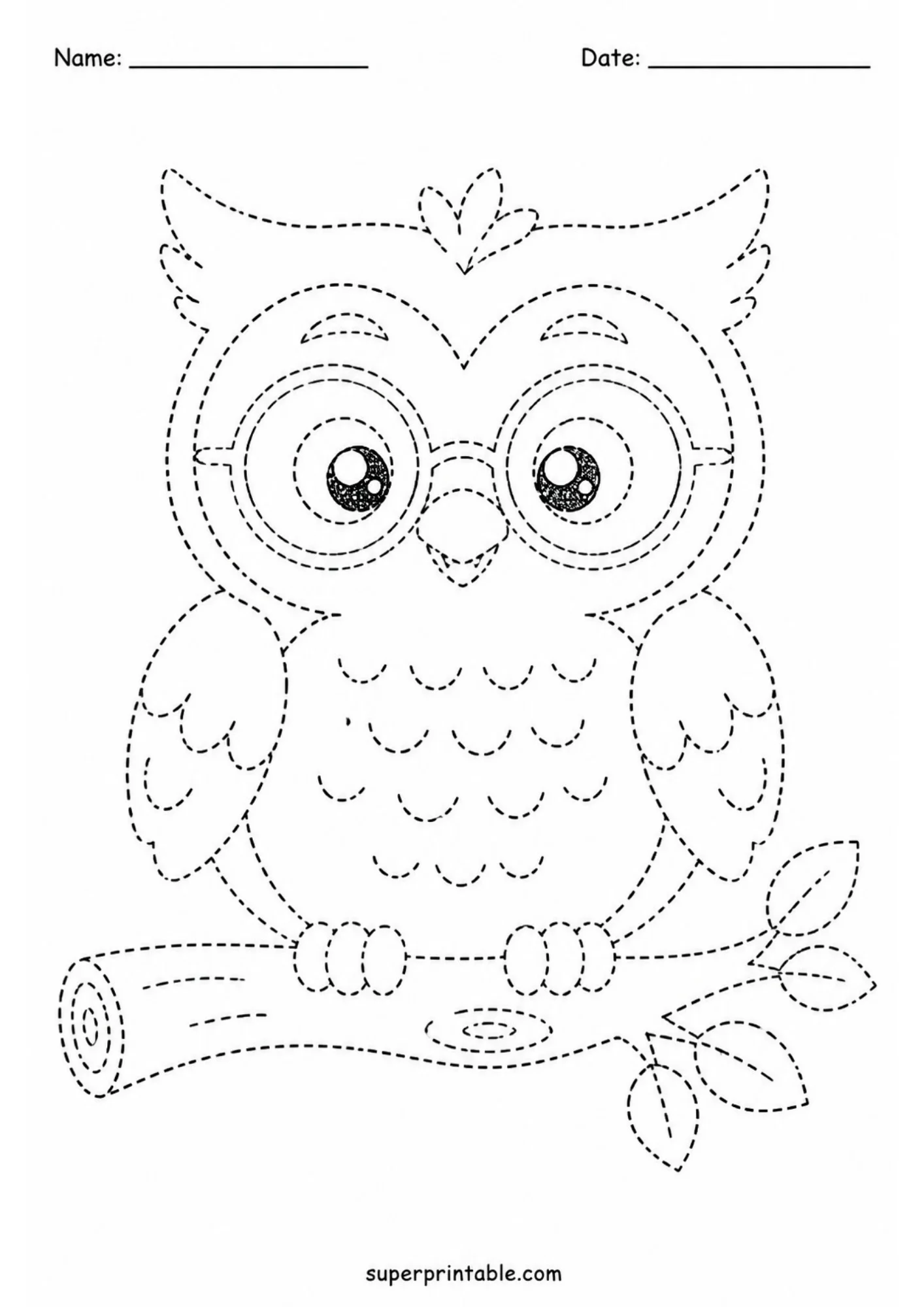 Black and white line art tracing worksheet featuring a cute owl wearing round spectacles, sitting on a tree branch with leafy twigs and top header lines for Name and Date.
