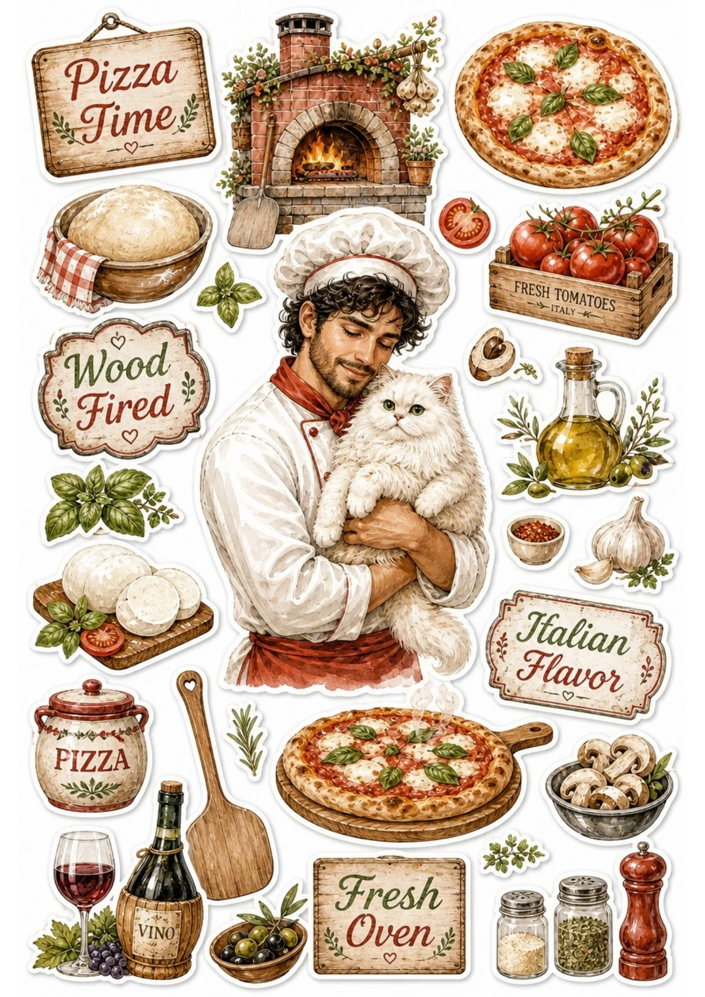 A chef taking a pizza out of a wood-fired oven accompanied by a white cat. Surrounding stickers include pizza slices, wine bottles, and text saying 'Pizza Time' and 'Wood Fired'.