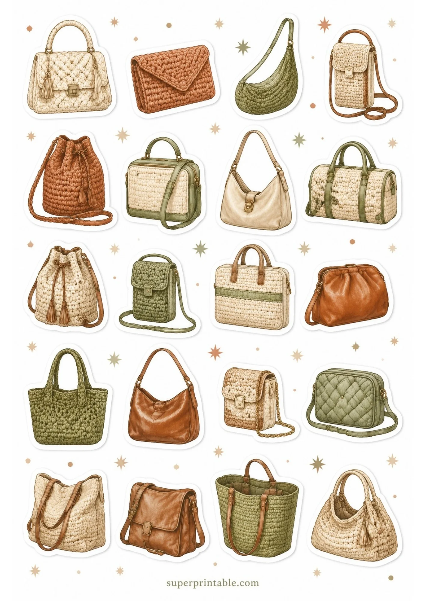 A sheet of 20 bohemian style handbag stickers featuring woven, crochet, and knit textures in cream, tan, and olive green colors.