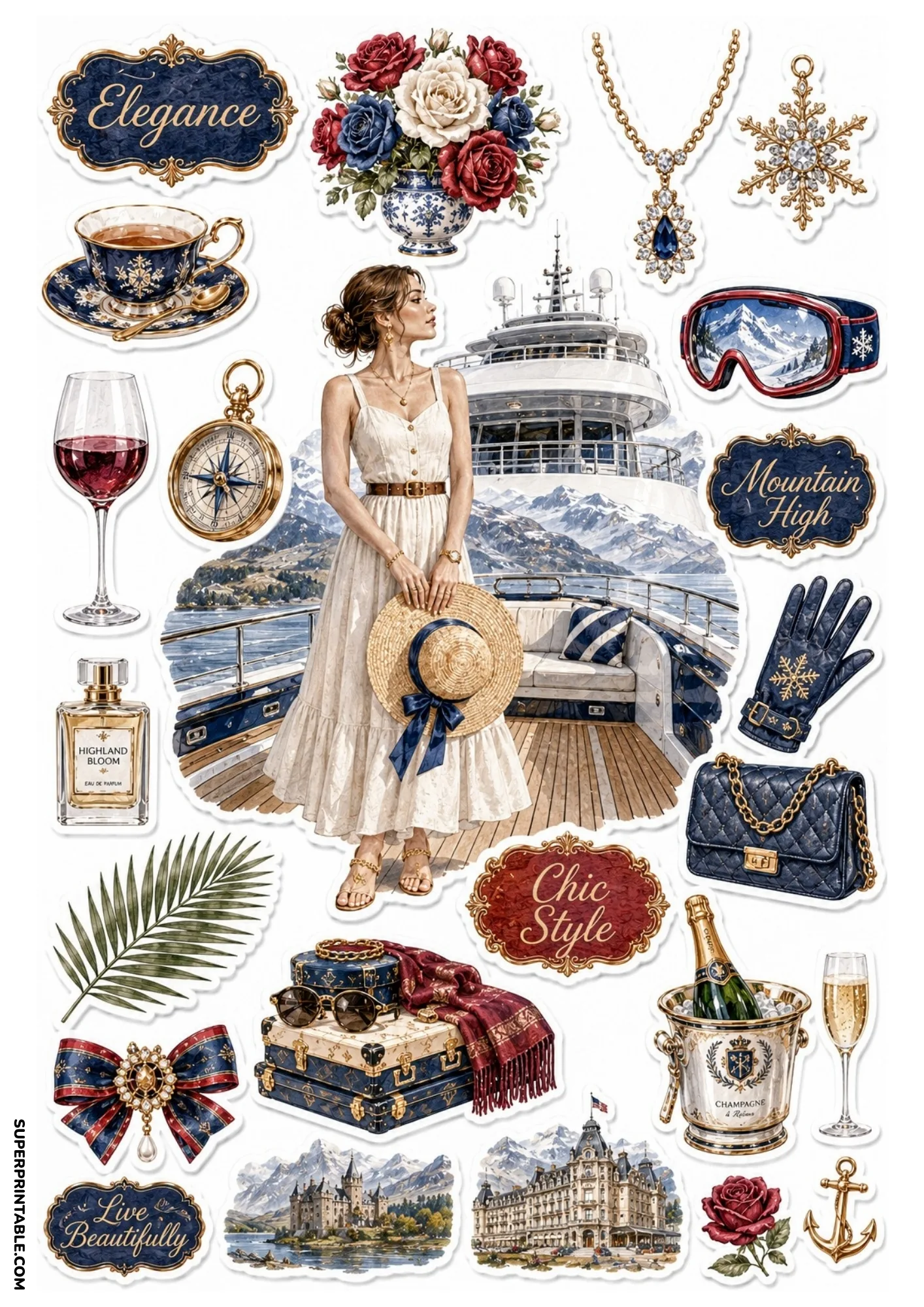 Royal blue sticker sheet featuring a woman on a luxury yacht deck, alpine mountain scenery, blue luggage, and champagne.