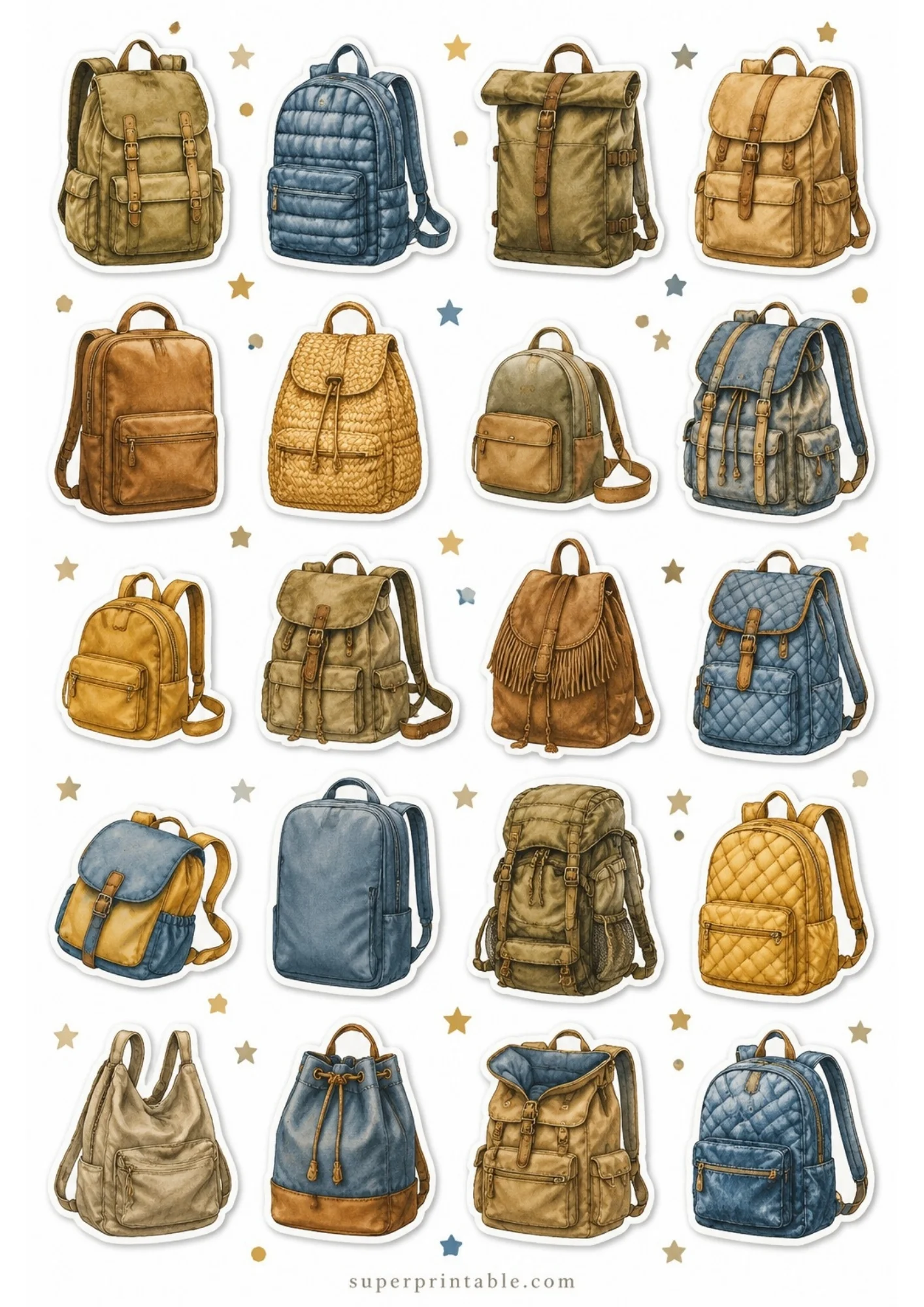 A sheet of printable stickers showing twenty individual backpacks in bright blue, mustard yellow, and khaki, with stars printed in the background.