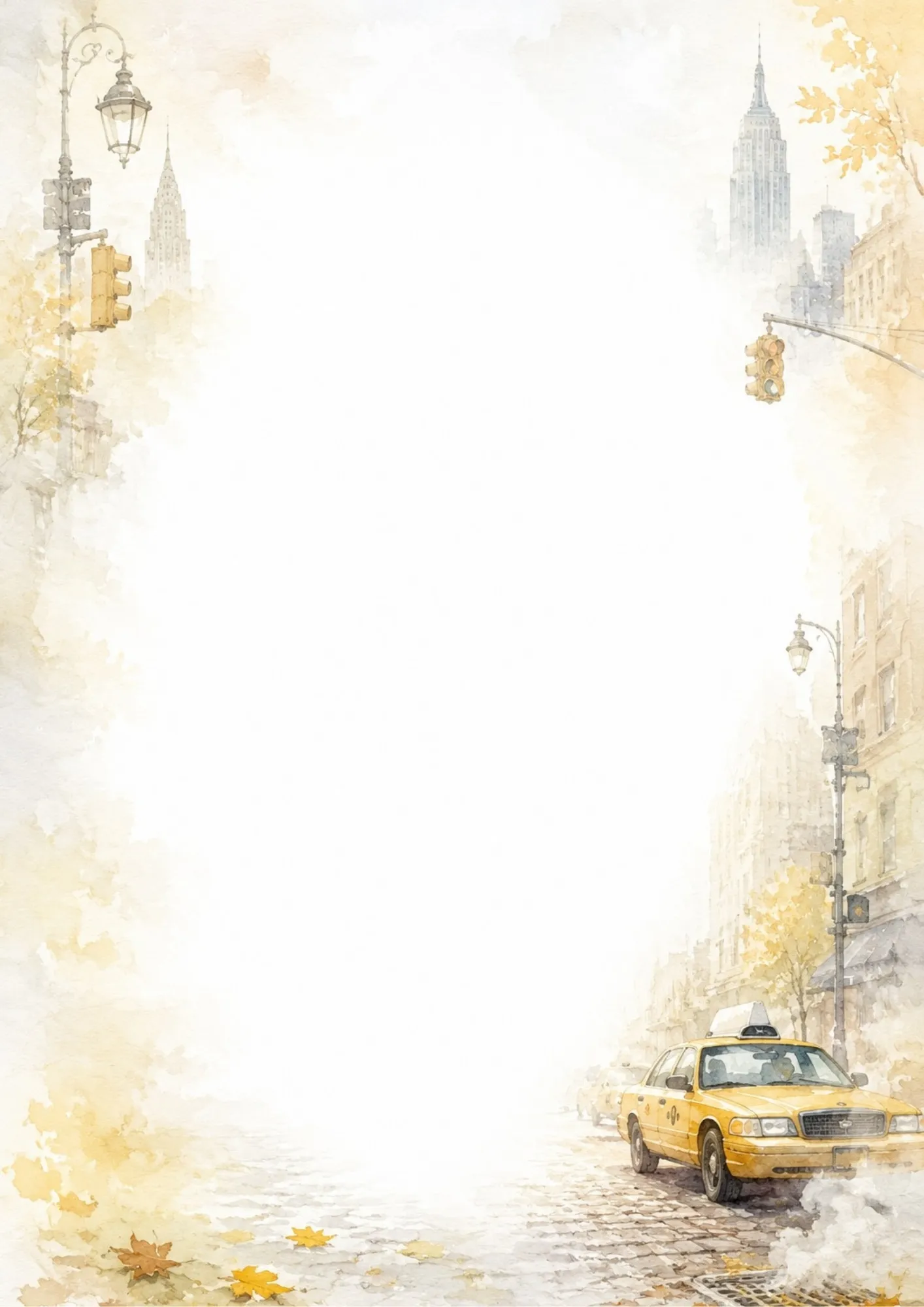 Watercolor border writing page with an iconic yellow taxi on a cobblestone street, surrounded by falling autumn leaves and historic streetlamps.
