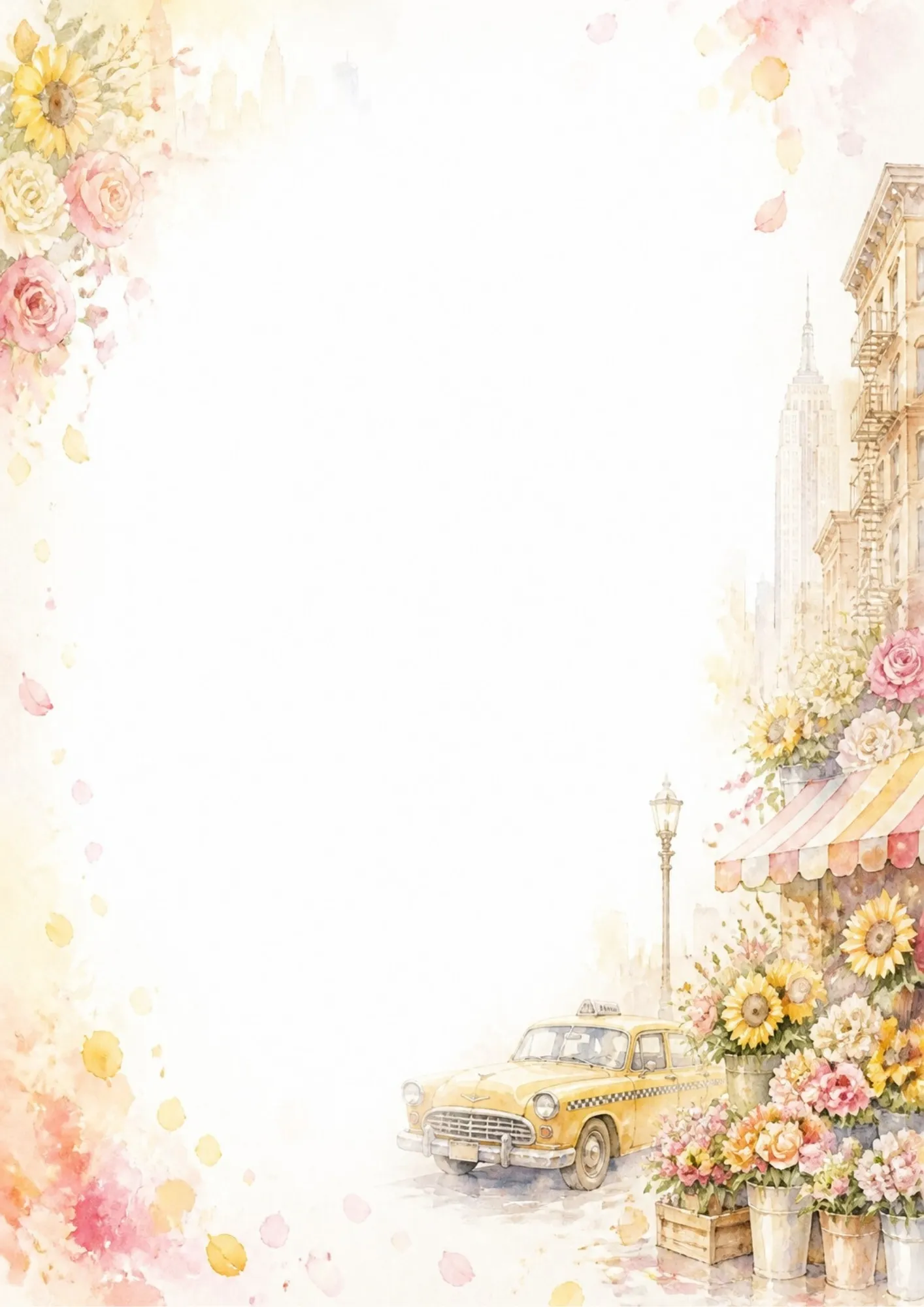 Watercolor border writing page featuring a yellow taxi cab parked by a street flower stall overflowing with sunflowers and roses.
