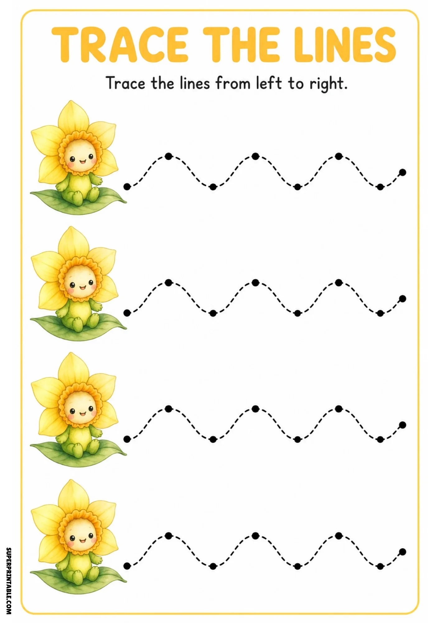 Color worksheet showing four yellow daffodil fairies sitting on leaves with dashed dot-accented wave tracing paths.