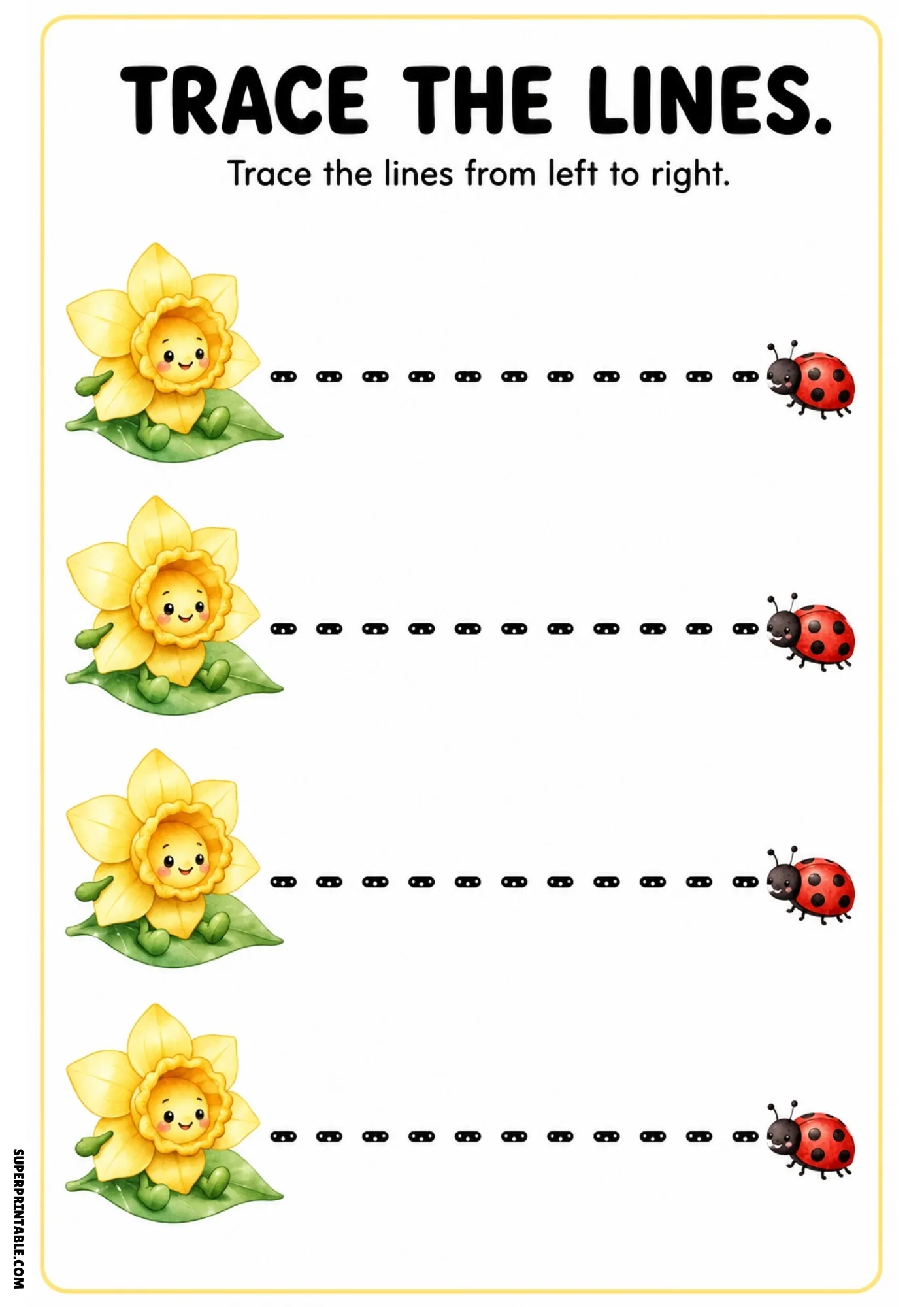 Color worksheet showing four yellow daffodil fairies sitting on leaves tracing straight dashed lines to ladybugs on the right.