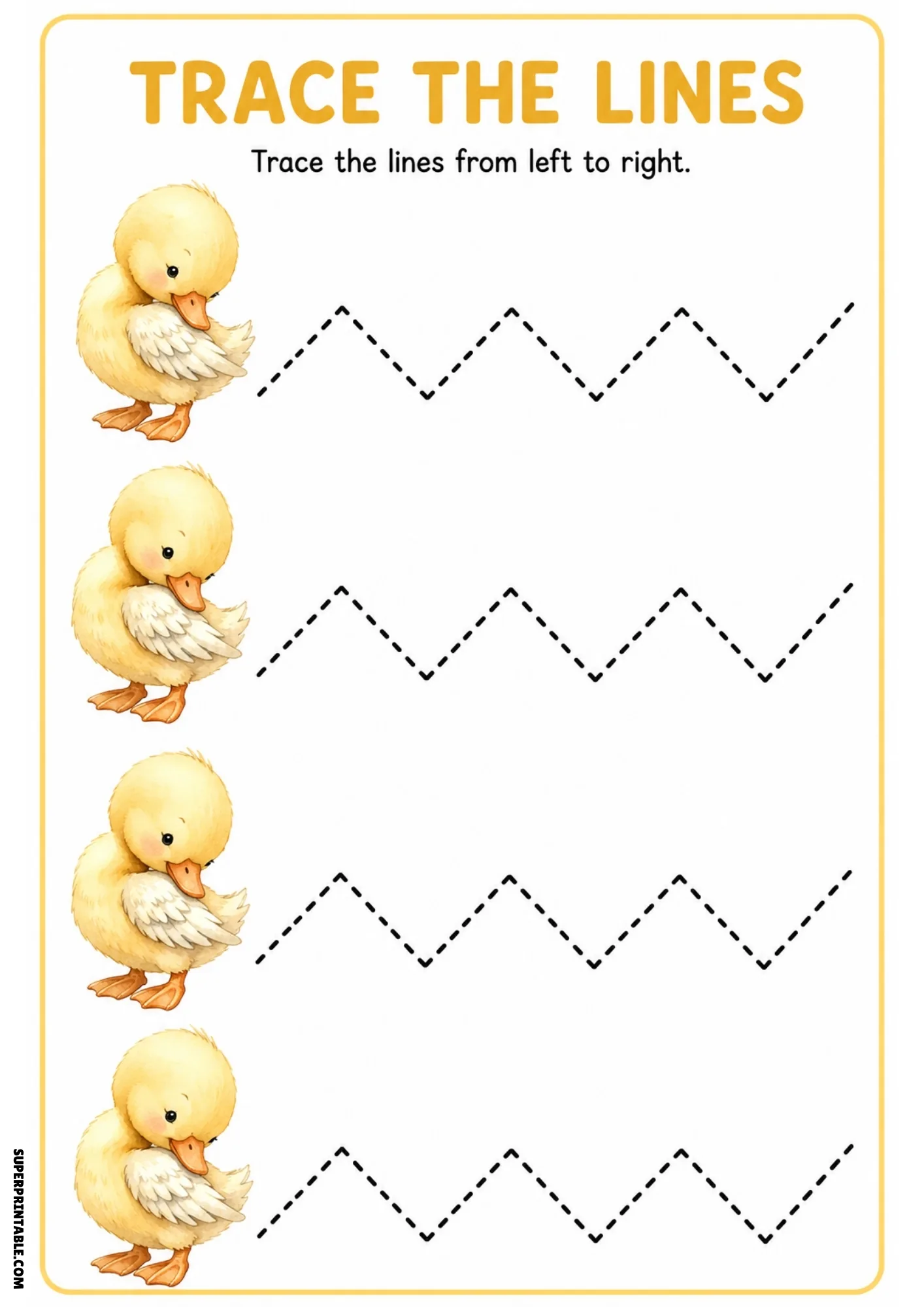Color worksheet featuring four cute yellow ducklings and sharp zigzag dashed lines to trace.