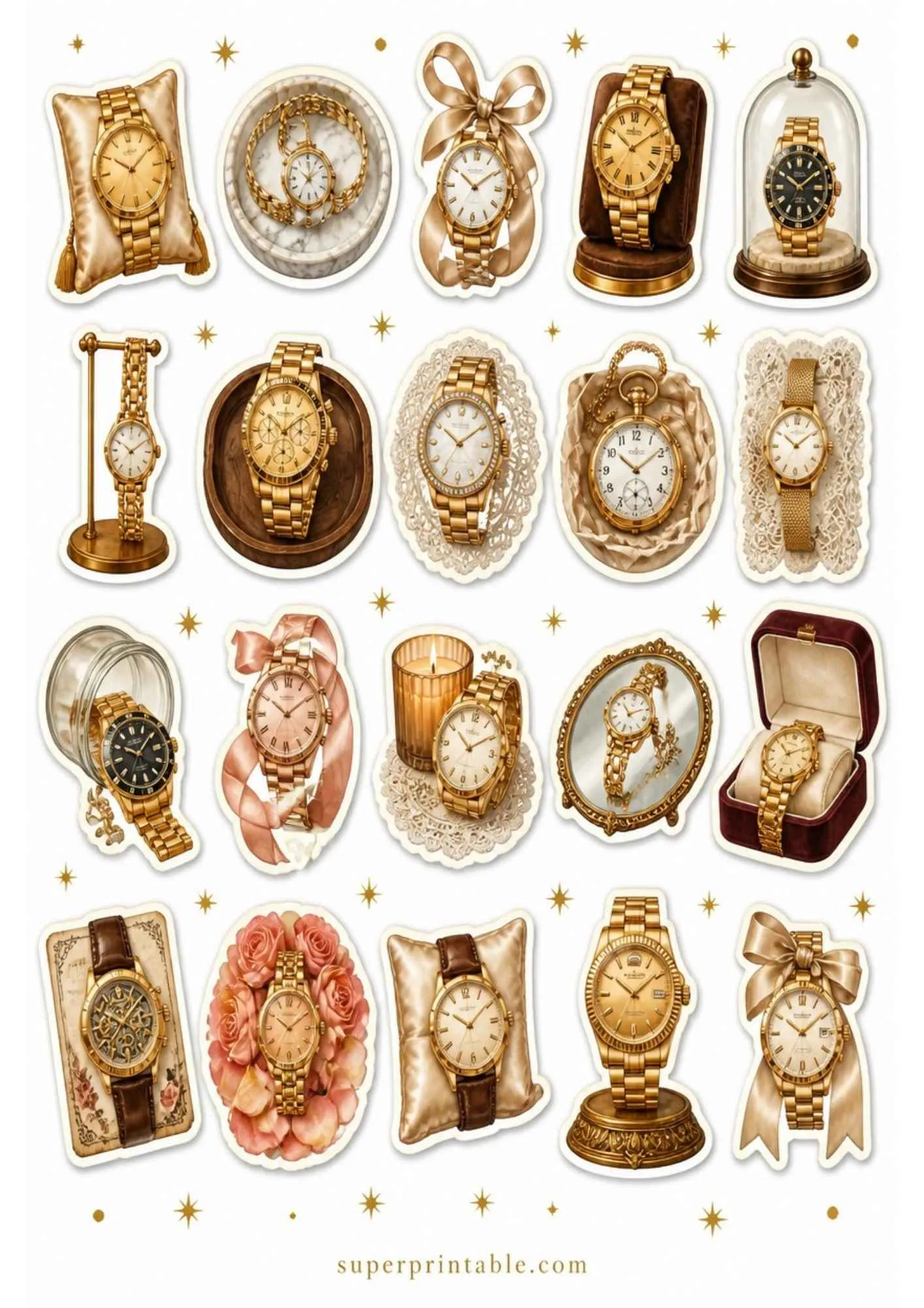 A printable sticker sheet showing yellow gold watches including chronographs, dress watches, and black dial dive watches.