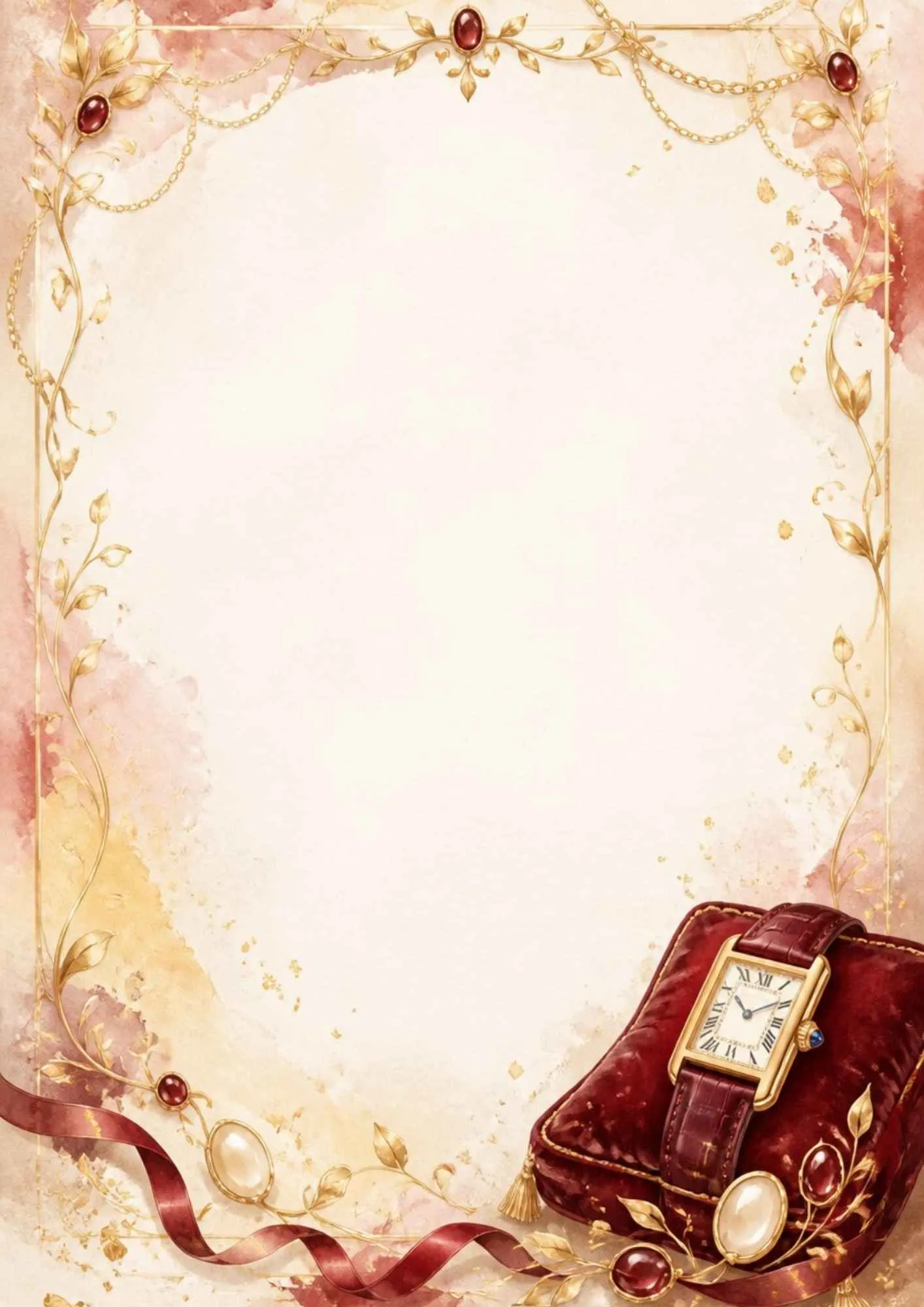 A bright stationery page showing a yellow gold chronograph watch on a velvet display with gold ribbons.