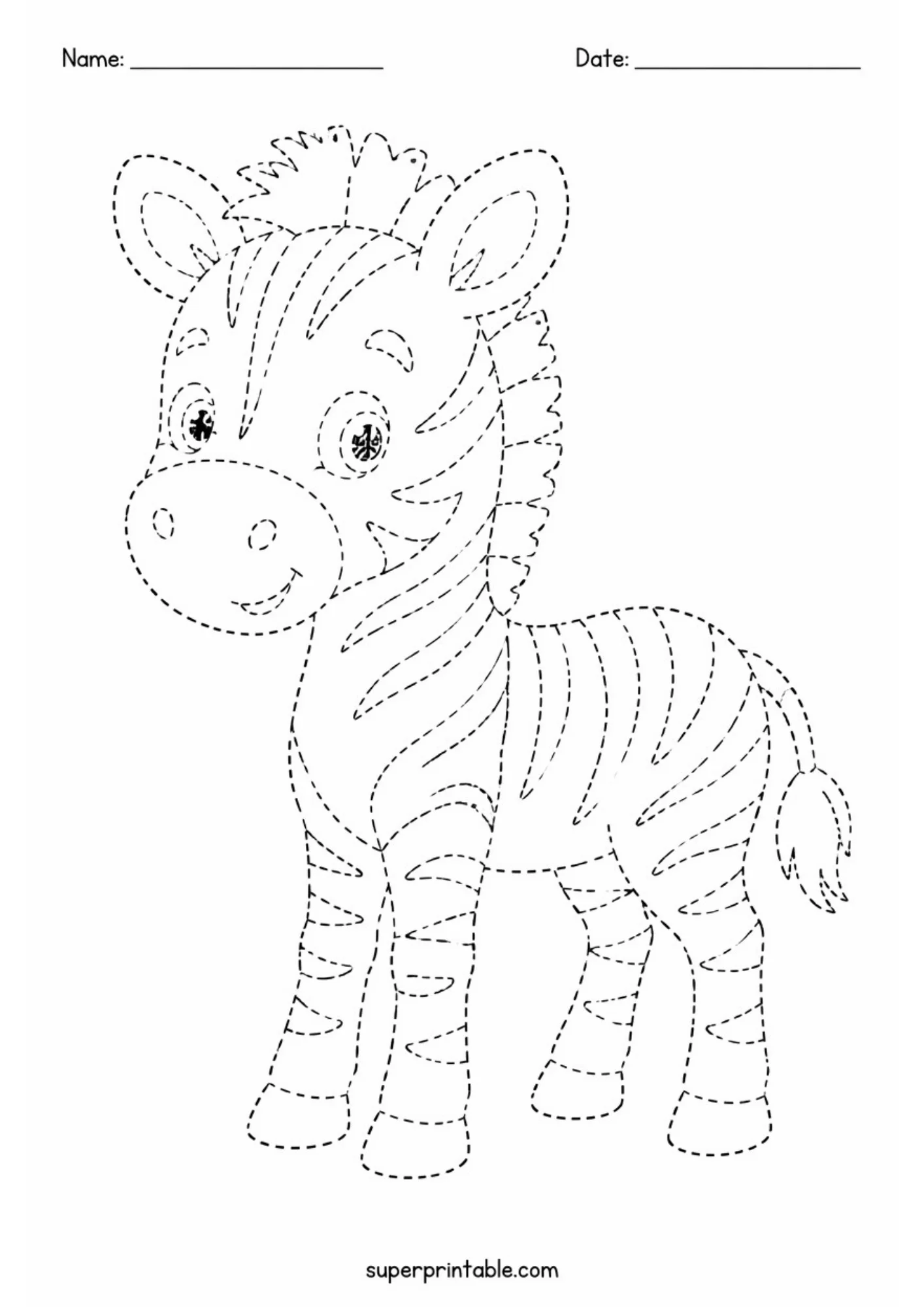 Line art tracing worksheet featuring a cartoon zebra foal standing with turned head and spiky neck mane, drawn in dotted lines for fine motor skill practice.