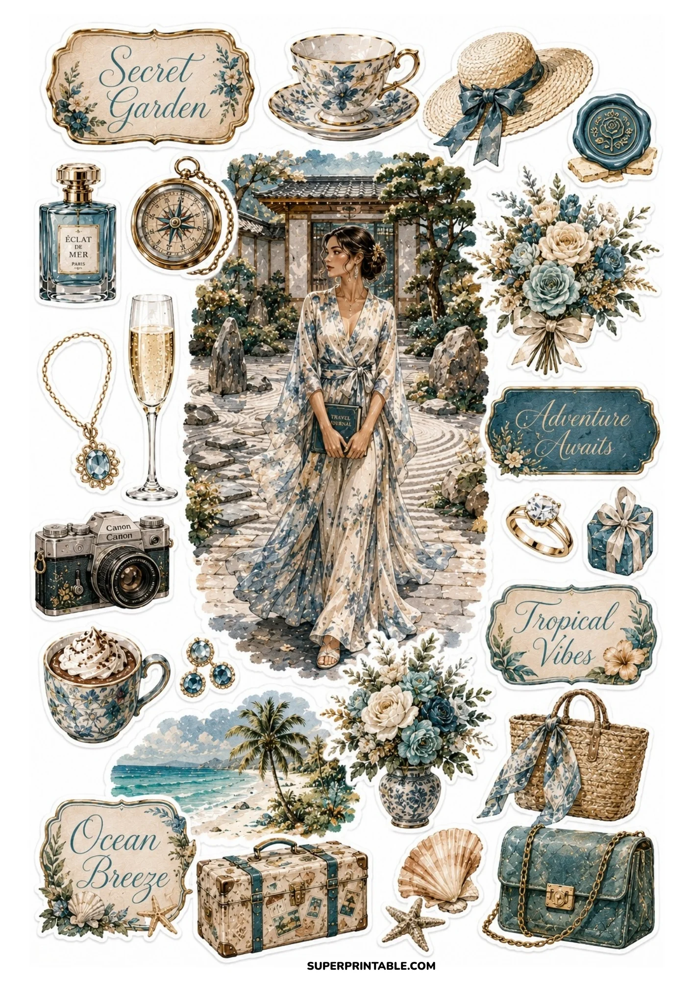 A printable sticker sheet featuring a woman in a floral kimono dress in a stone zen garden, surrounded by blue teapots, cameras, and floral bouquets.