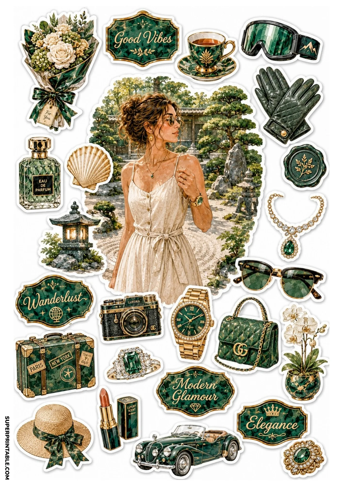 Sticker sheet with a woman in a zen rock garden surrounded by green luxury lifestyle illustrations.