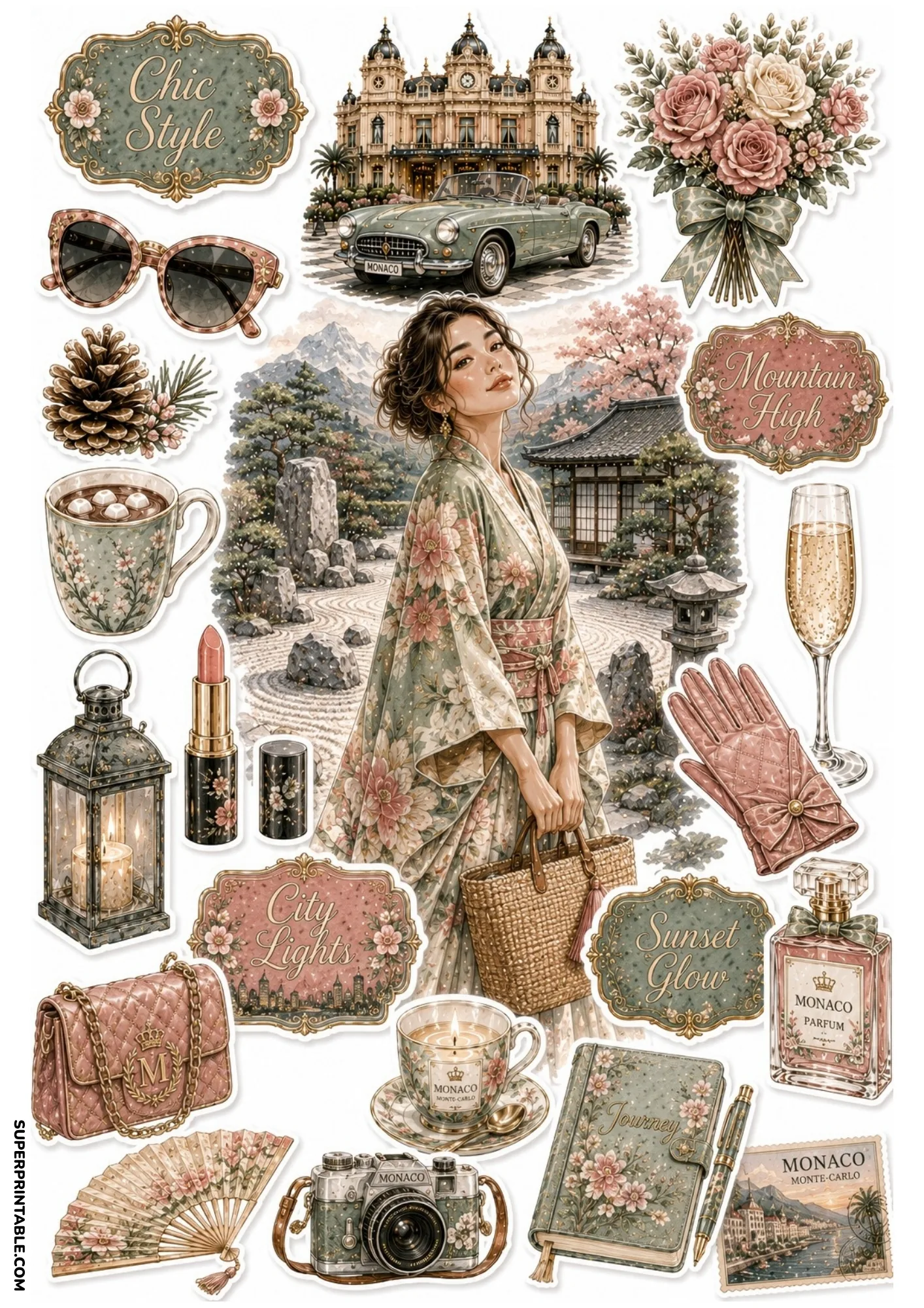 Printable sticker sheet with a woman in a floral kimono in a Japanese rock garden, camera, folding fan, and teacup.