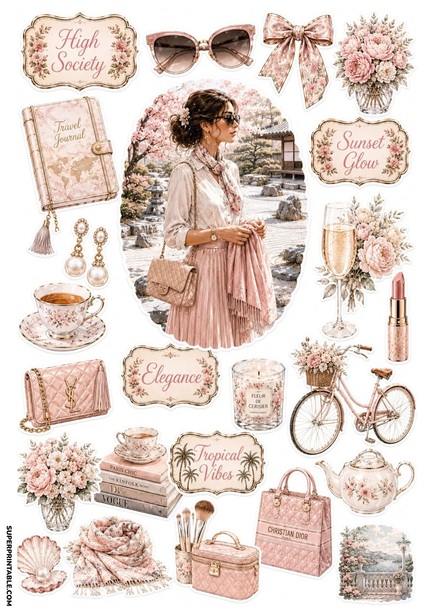 Printable sticker sheet featuring a woman in a Zen garden, pink fashion accessories, vintage bicycle, and elegant tea sets.