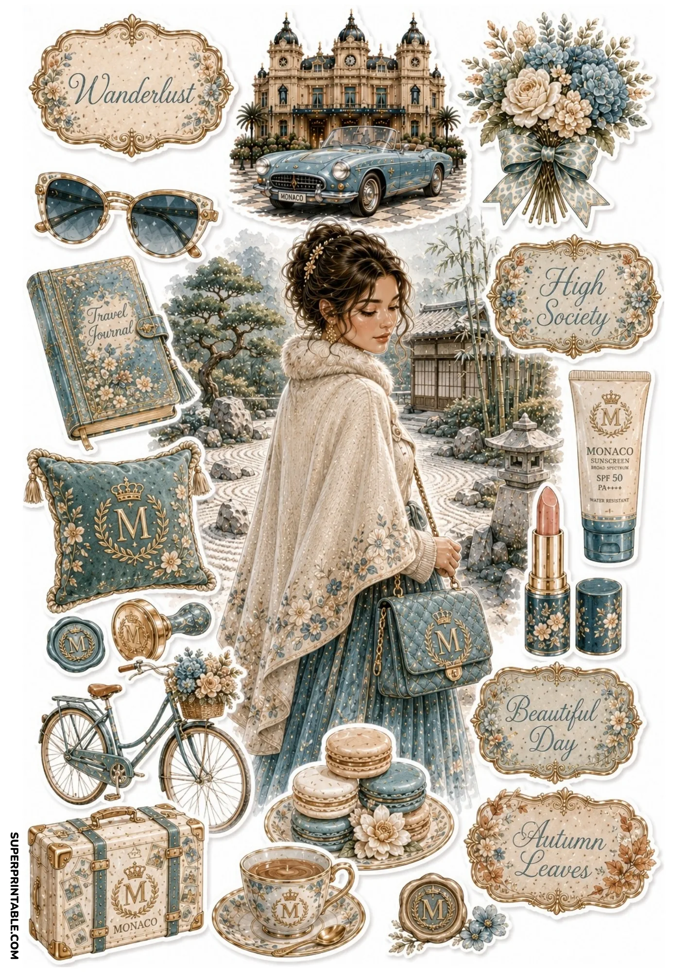 Printable sticker sheet showing a woman in a floral shawl in a zen garden, blue travel journal, bicycle, and sunscreen.