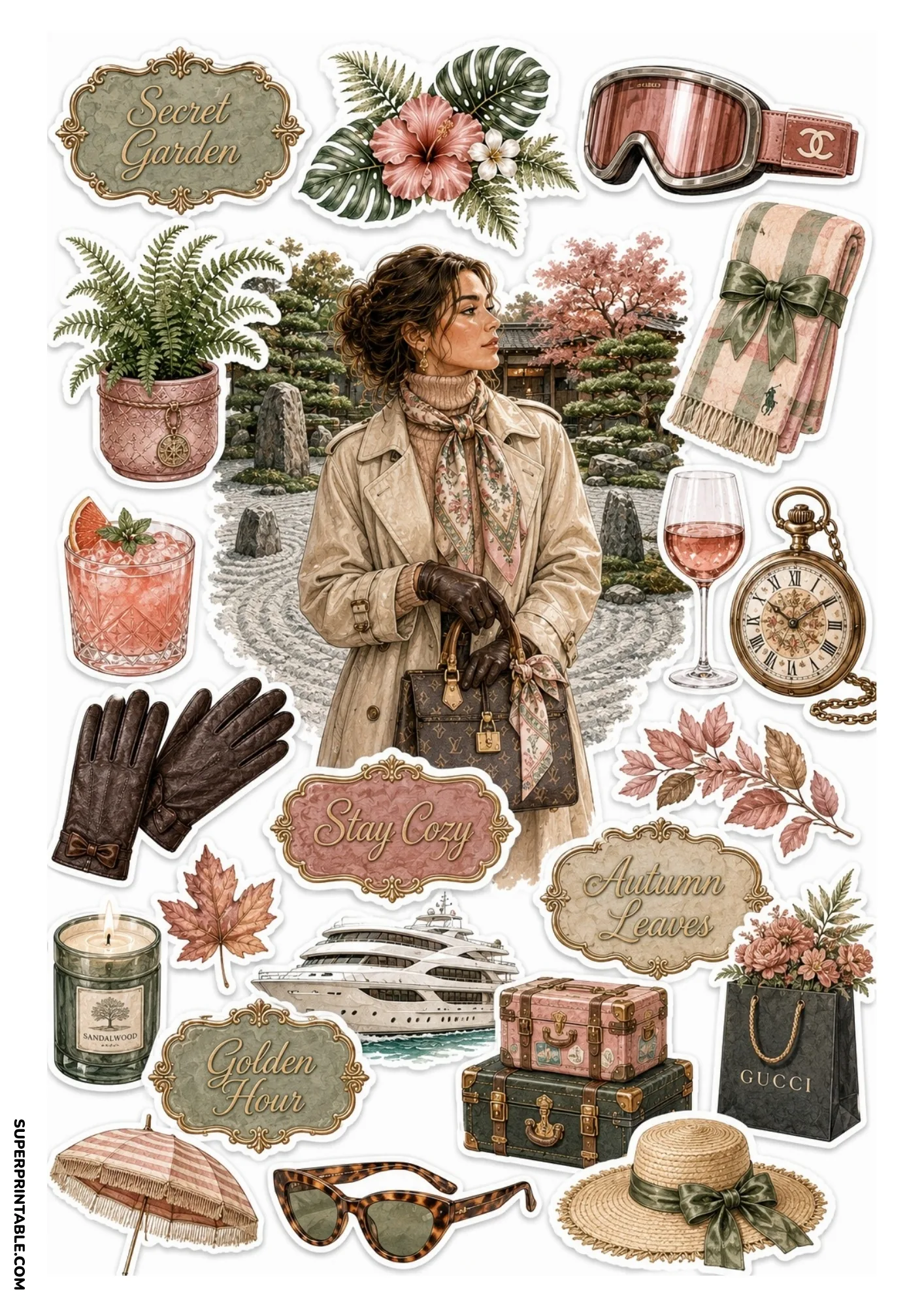 Printable sticker sheet with a central image of a woman in a Zen garden, surrounded by sage green and muted pink stickers including a white superyacht, iced cocktail, luggage, and cozy badges.