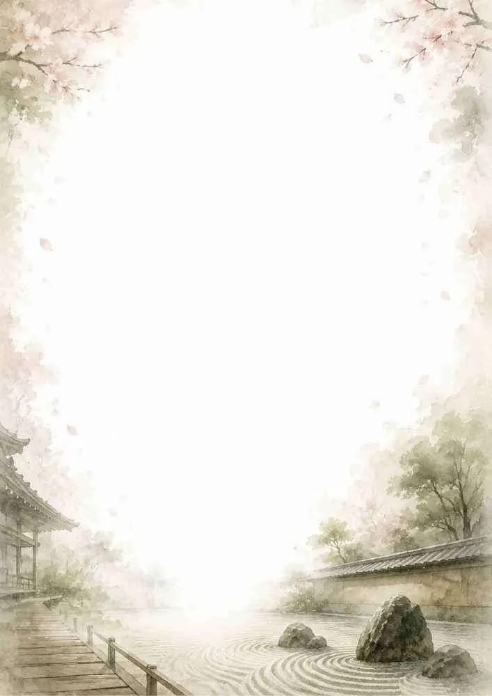 Watercolor border page featuring a Zen rock garden with raked sand, rocks, and a temple veranda under cherry blossoms.