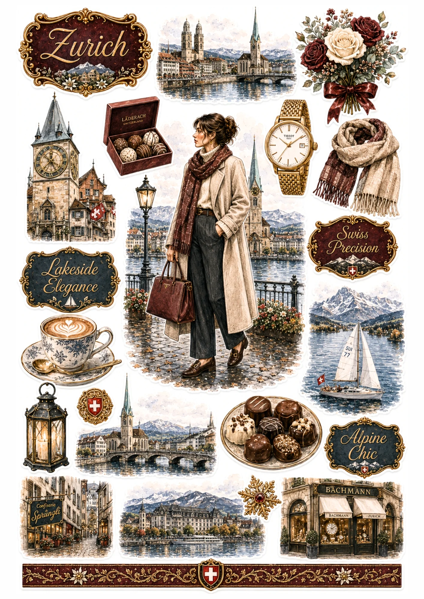 Zurich sticker sheet showing a woman in a cream coat at Lake Zurich with Grossmünster, Swiss chocolates, and gold watch.