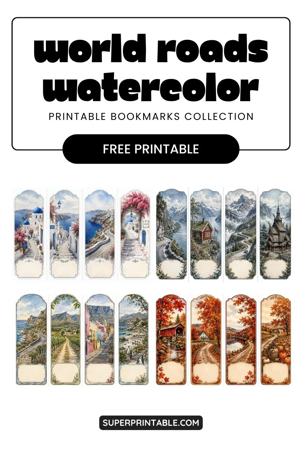 15+ World Roads Watercolor Printable Bookmarks Collection Pinterest Image
