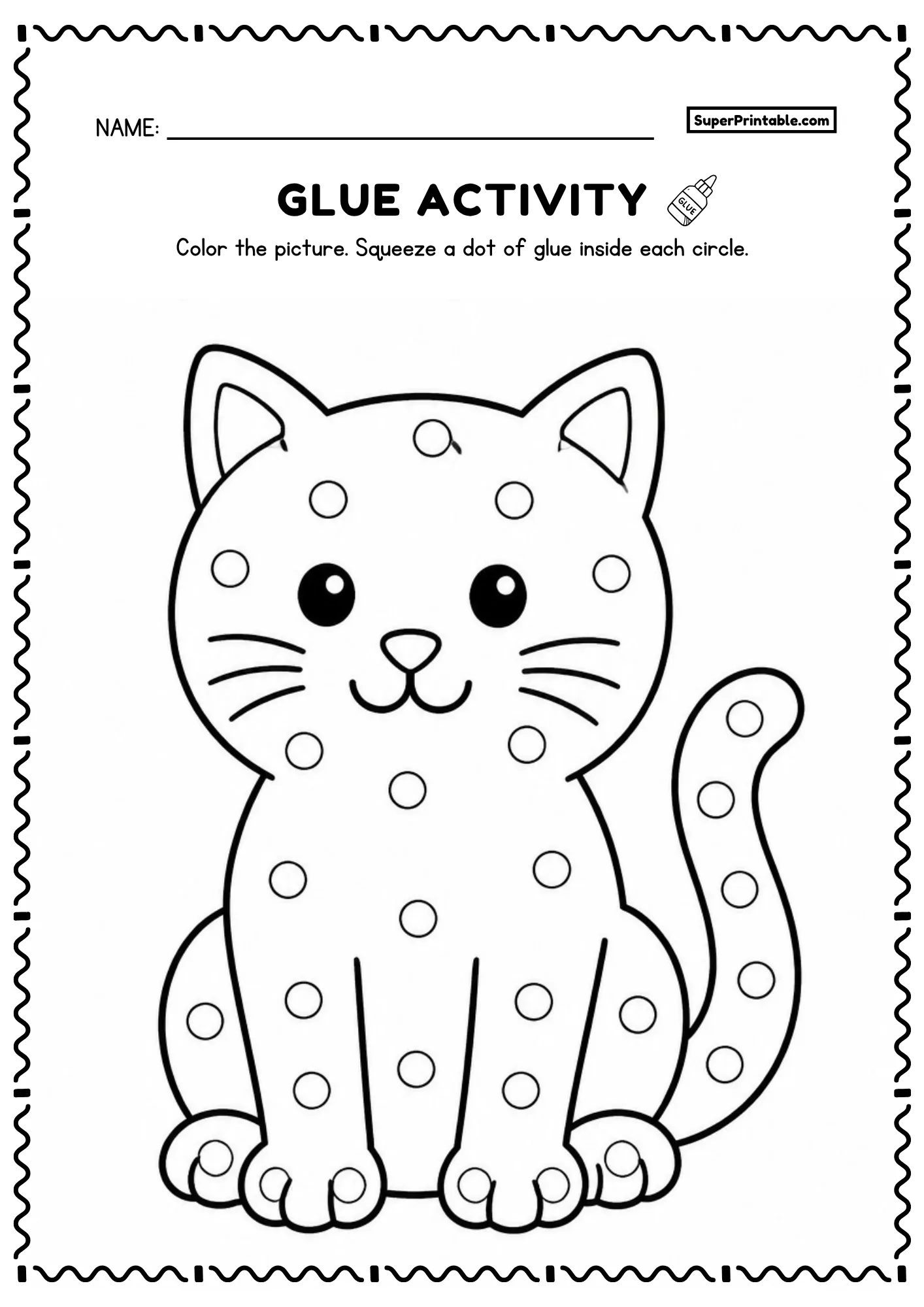 Do A Dot Glue Animals Worksheets cat glue activity page with large dot circles for kids