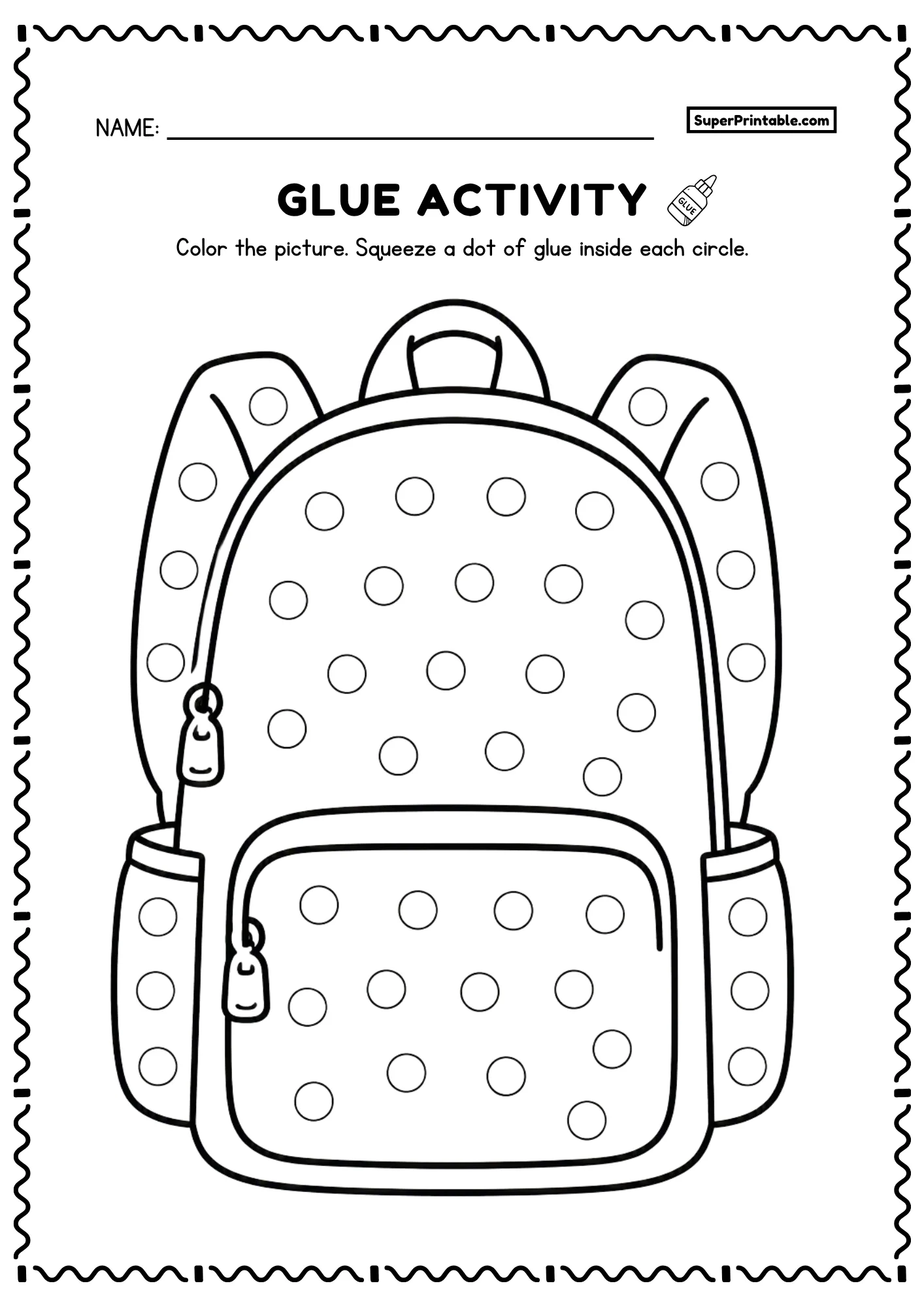 Backpack do a dot glue worksheet printable preschool school supplies activity