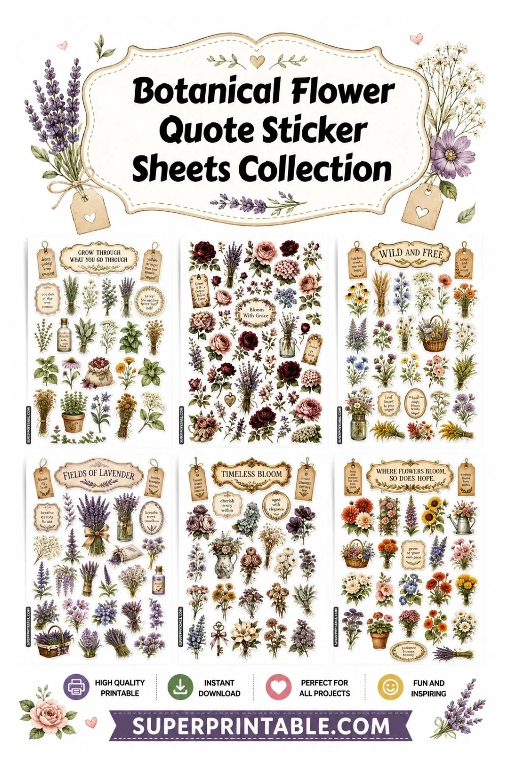 Botanical Flower Quote Sticker Sheets Collection Pinterest Image
