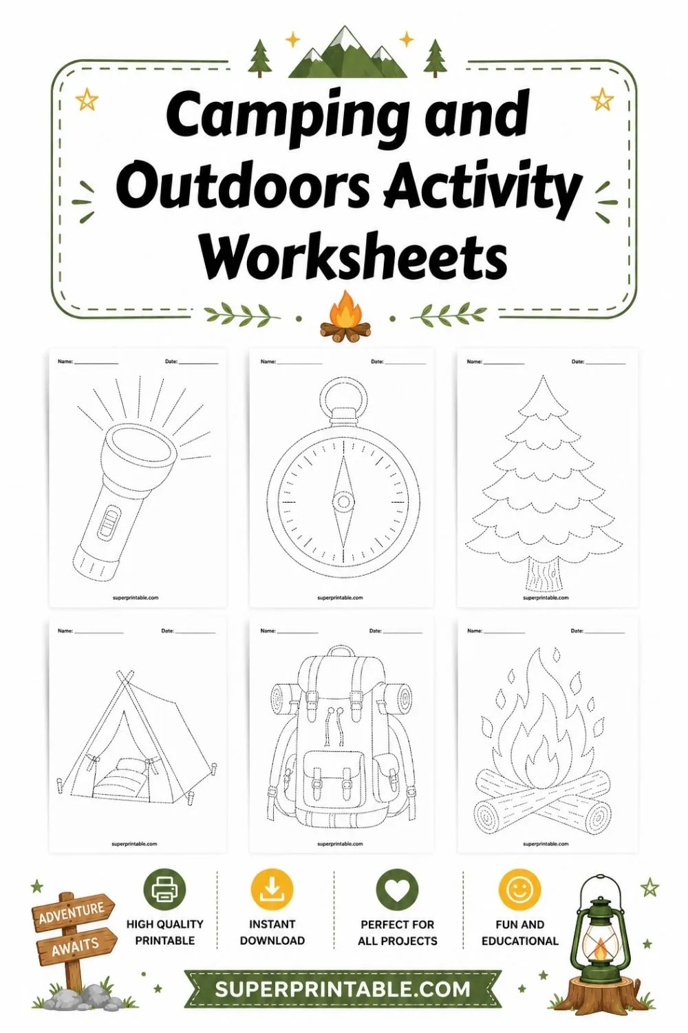 Camping and Outdoors Activity Worksheets Pinterest Image