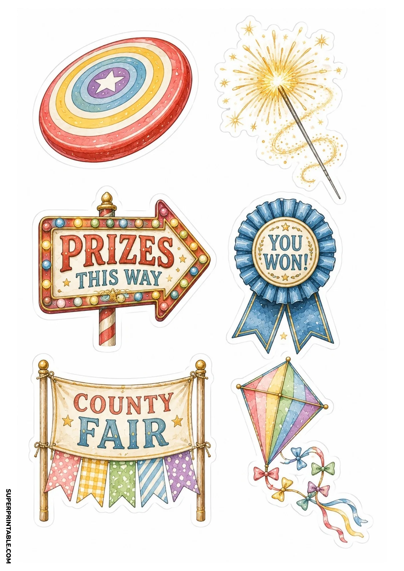 County Fair Sticker Sheets featuring a classic Ferris wheel, colorful carousel horse, and carnival entrance arch