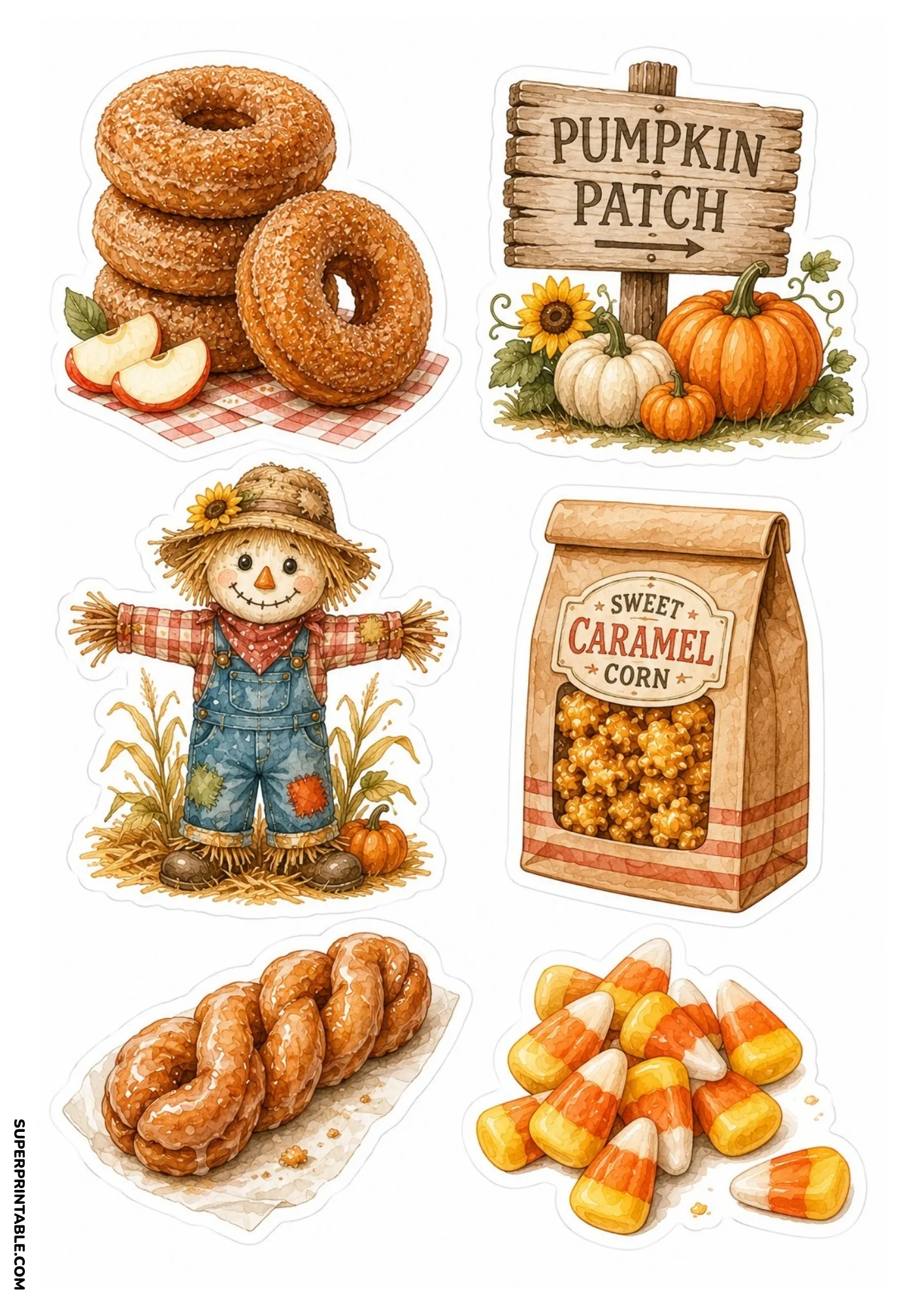 Printable sticker page showcasing sweet spun cotton candy, candied apples, popcorn tubs, and golden funnel cake