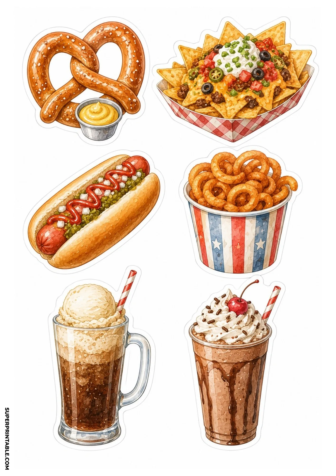 Printable stickers displaying ring toss games, balloon dart targets, and plush teddy bear prizes from carnival booths
