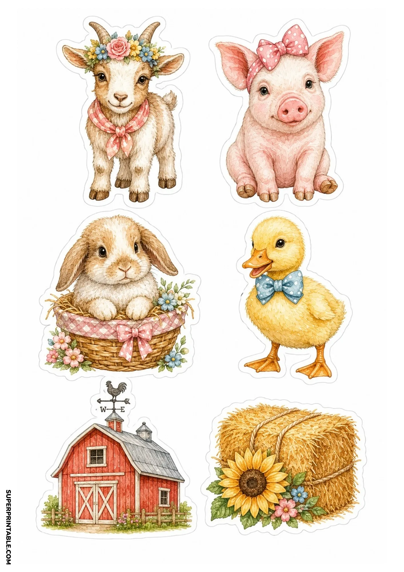 Printable sticker layout of prize giant pumpkins, award tomatoes, and fresh harvest vegetable crates for crafting