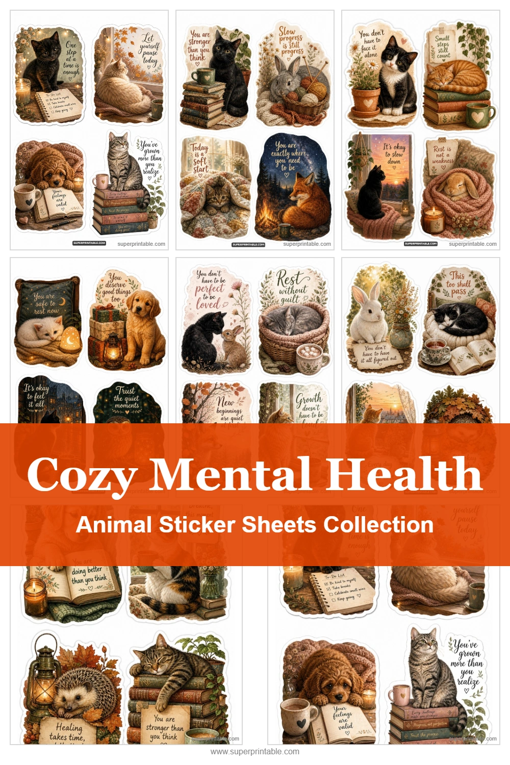 Cozy Mental Health Animal Sticker Sheets Collection Pinterest Image