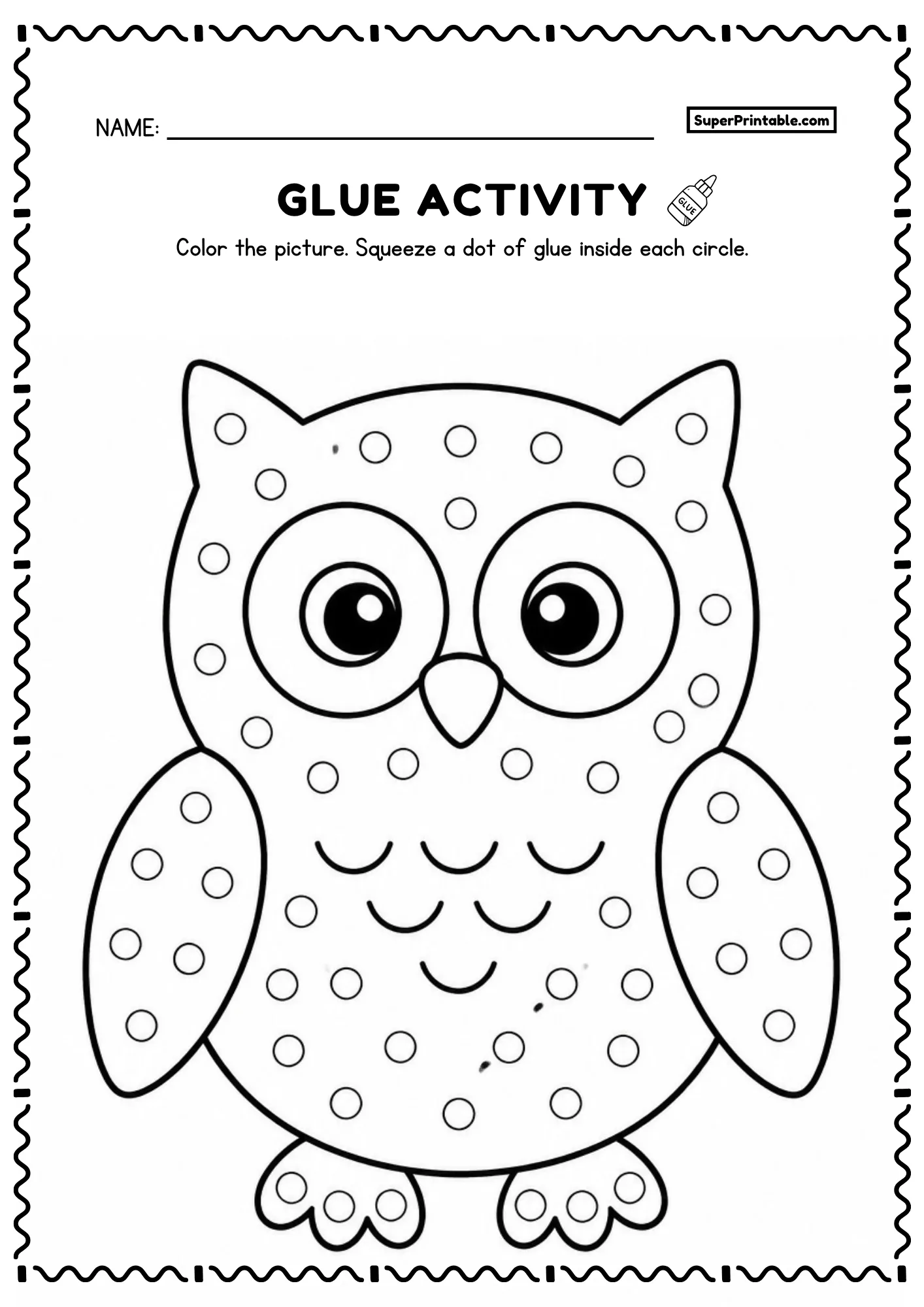 Do A Dot Glue Animals Worksheets owl printable glue activity with large circular dot guides