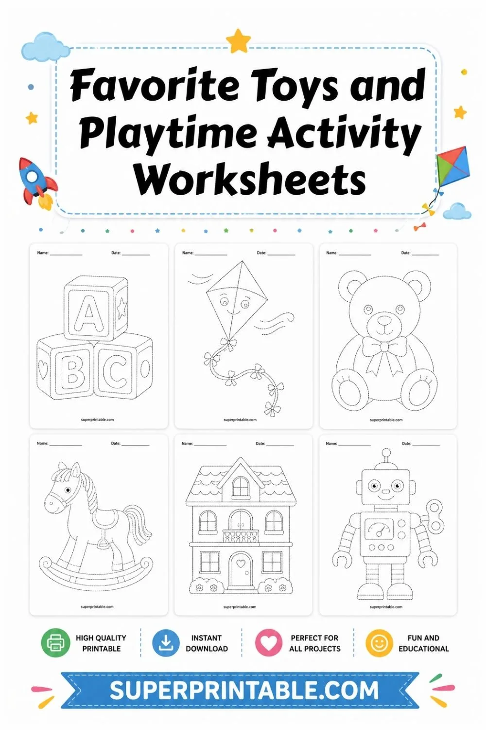 Favorite Toys and Playtime Activity Worksheets Pinterest Image