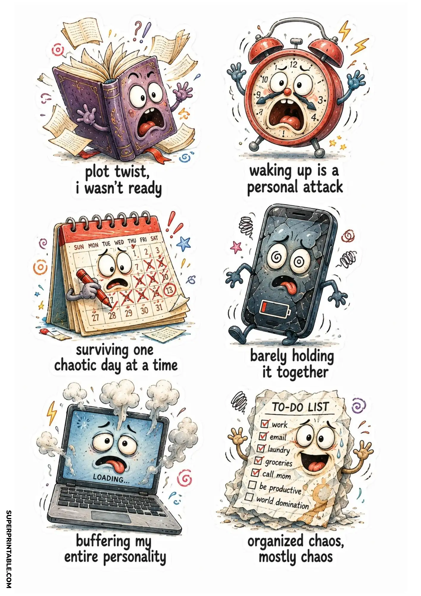 Funny Sticker Sheets Collection with expressive book, alarm clock, calendar, smartphone, laptop and to-do list printable stickers