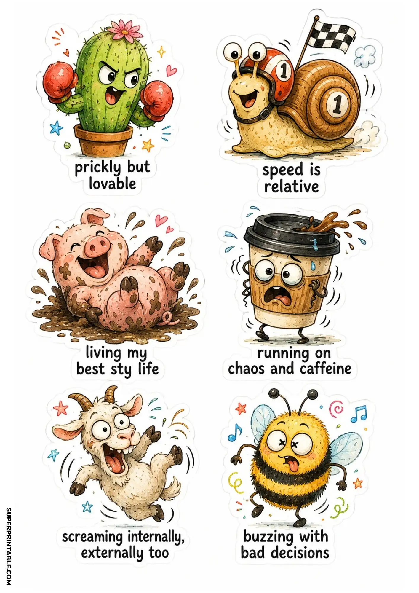 Funny farm and food sticker sheet with cactus, snail, pig, coffee cup, goat and bee printable stickers