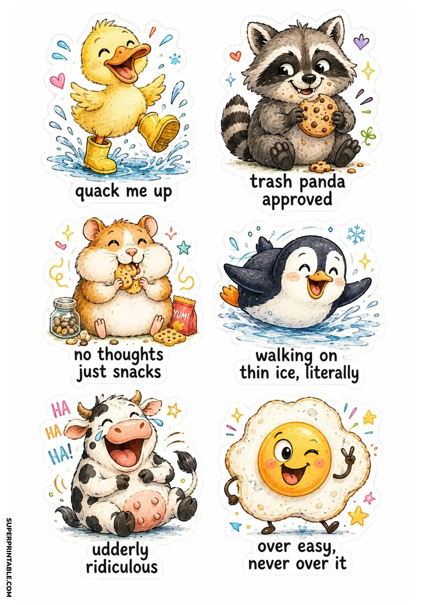 Funny sticker sheet featuring cat, llama, puppy, potato, sloth and taco printable stickers