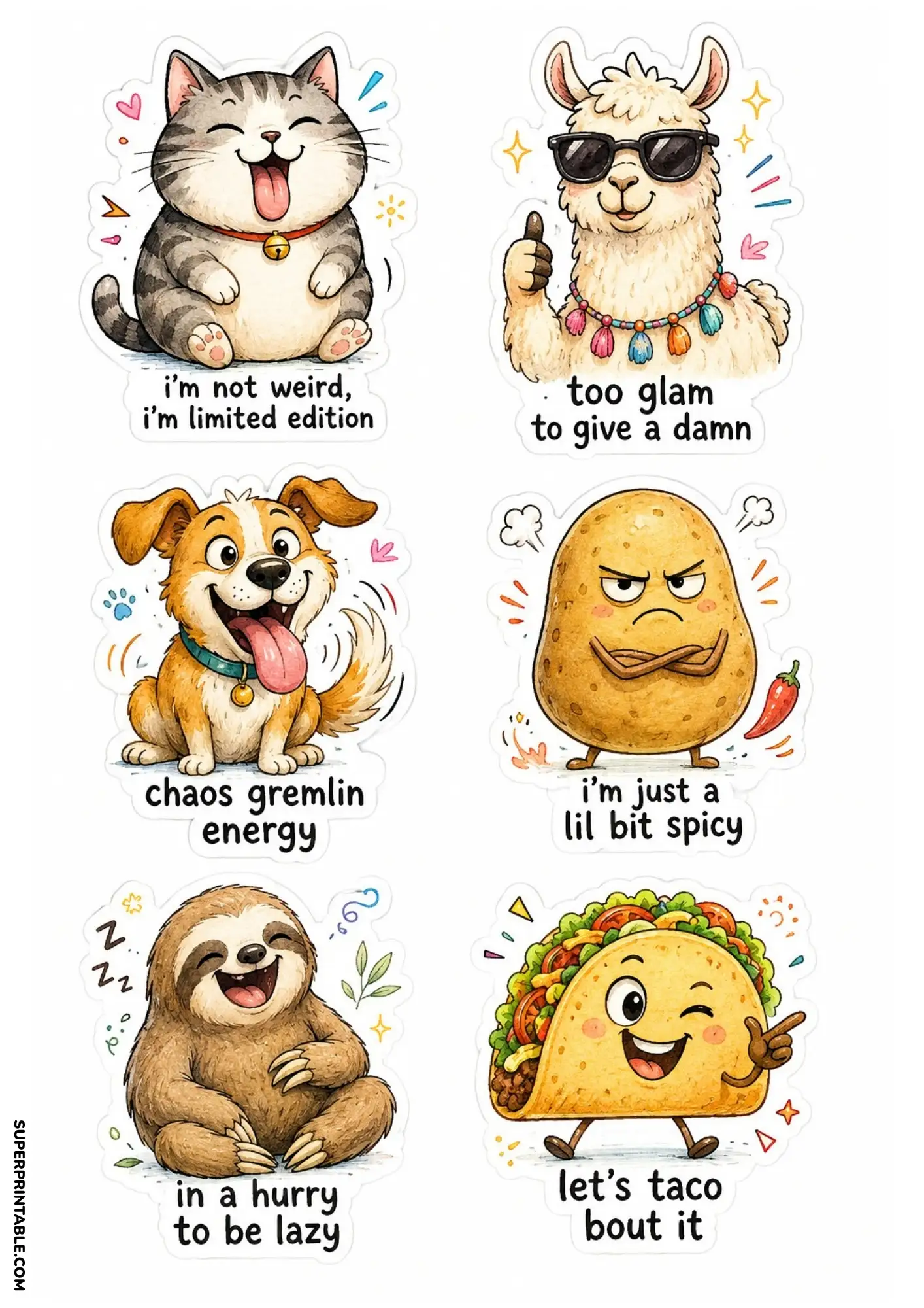 Funny printable sticker sheet featuring shark, squirrel, chicken, koala, frog and cupcake stickers