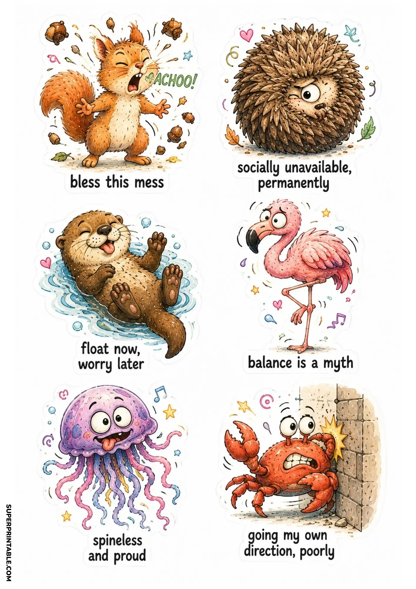 Funny animal sticker sheet featuring squirrel, hedgehog, otter, flamingo, jellyfish and crab printable stickers
