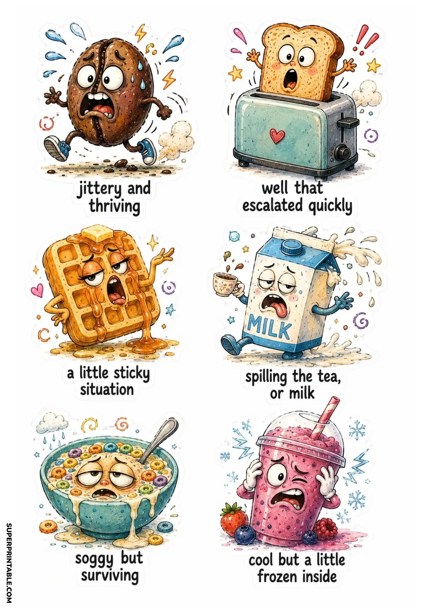 Funny food sticker sheet with coffee bean, toast, cereal bowl, milk carton, waffle and smoothie printable stickers