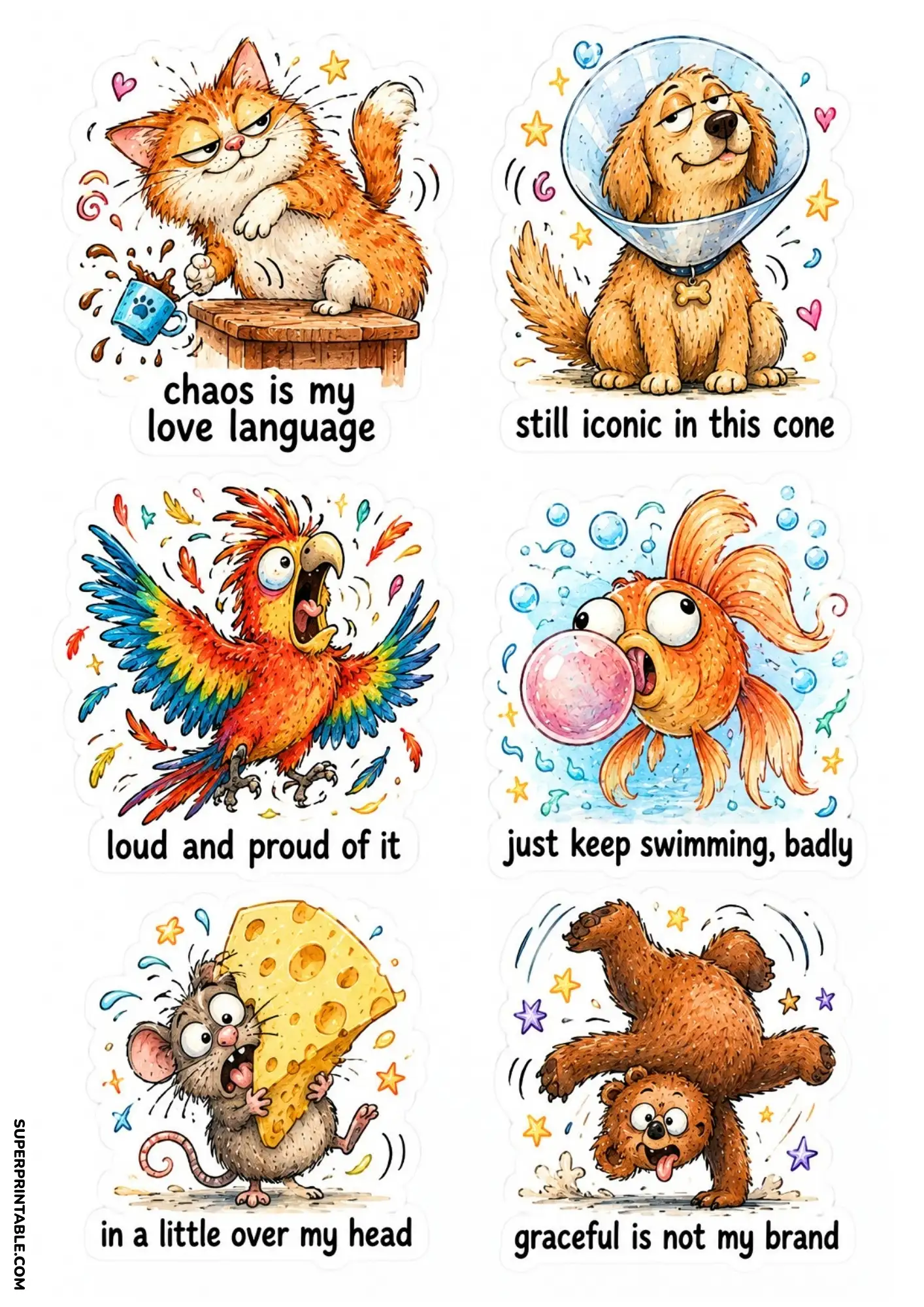 Funny animal sticker sheet featuring cat, dog, parrot, goldfish, bear and mouse printable stickers