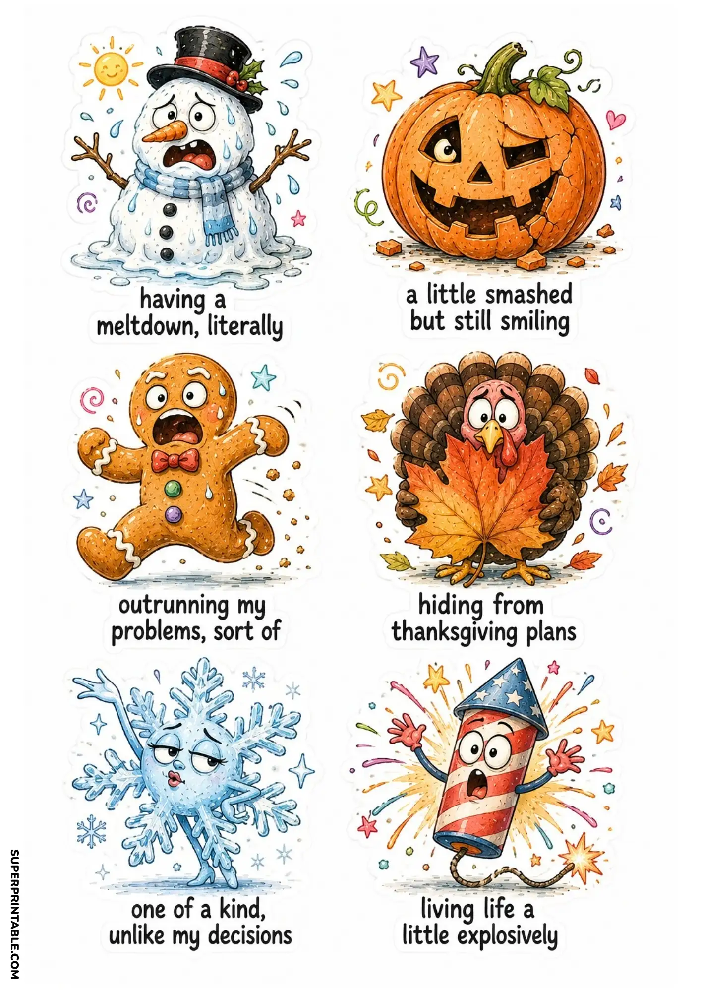 Funny holiday sticker sheet featuring snowman, pumpkin, gingerbread cookie, turkey, snowflake and firework printable stickers