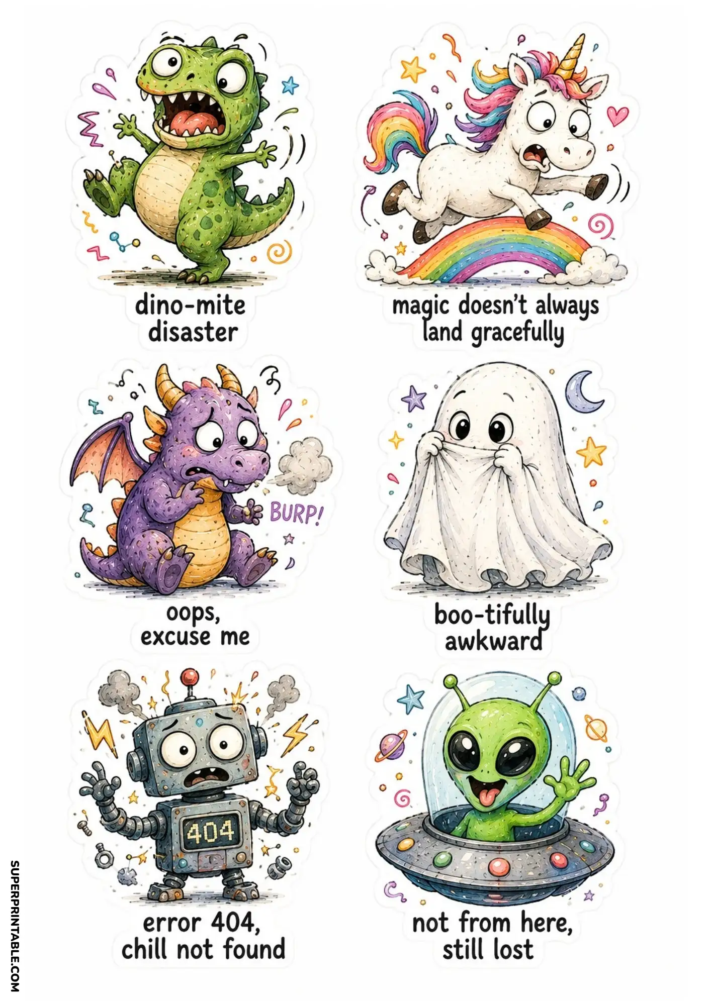 Funny fantasy sticker sheet with dinosaur, unicorn, dragon, ghost, robot and alien printable stickers