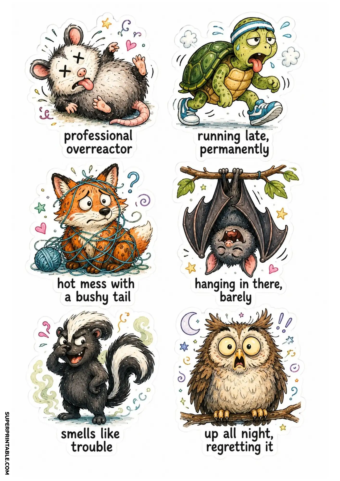 Funny woodland animal sticker sheet featuring opossum, turtle, fox, bat, skunk and owl printable stickers