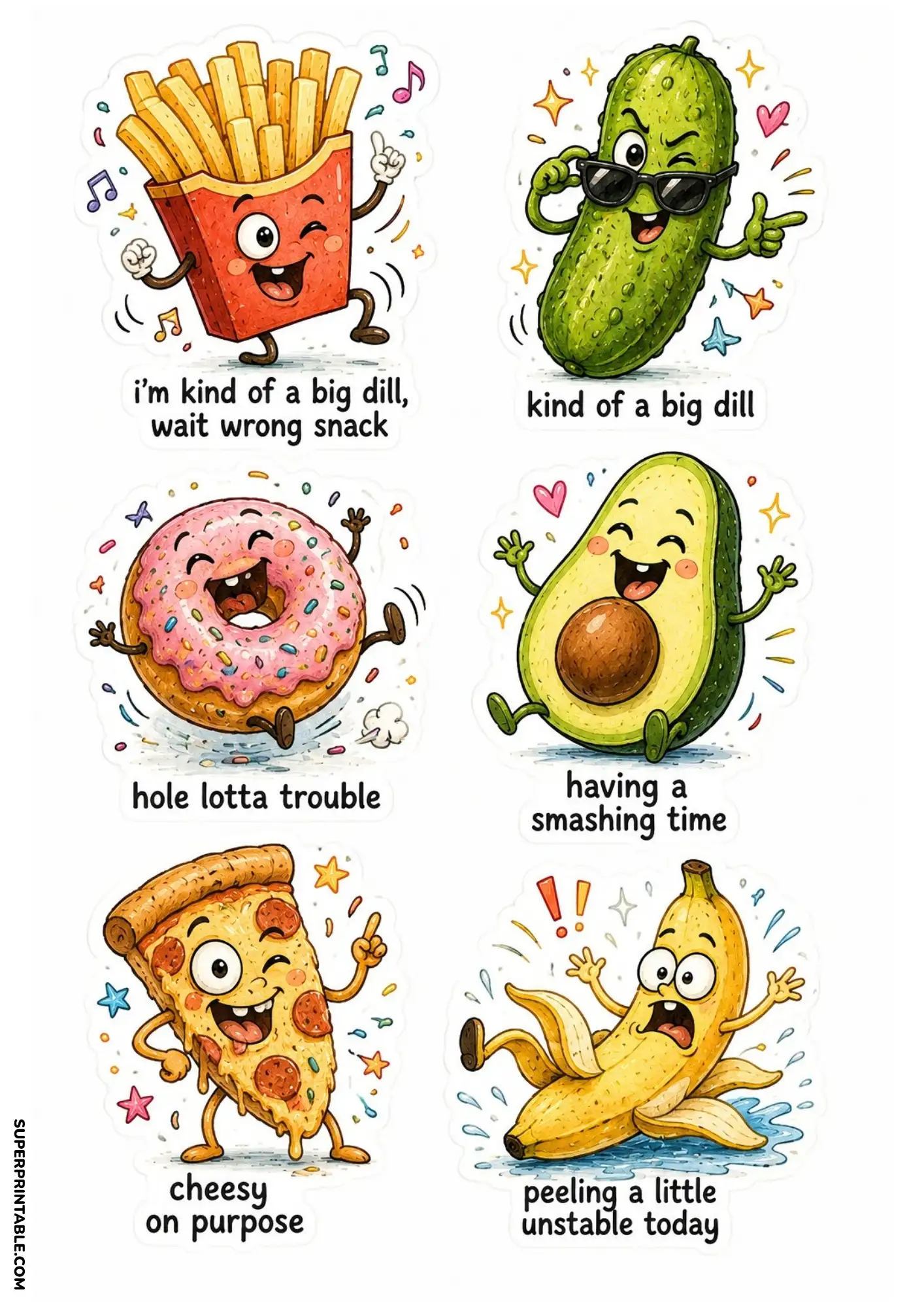 Funny food pun sticker sheet with french fries, cucumber, donut, avocado, pizza and banana printable stickers