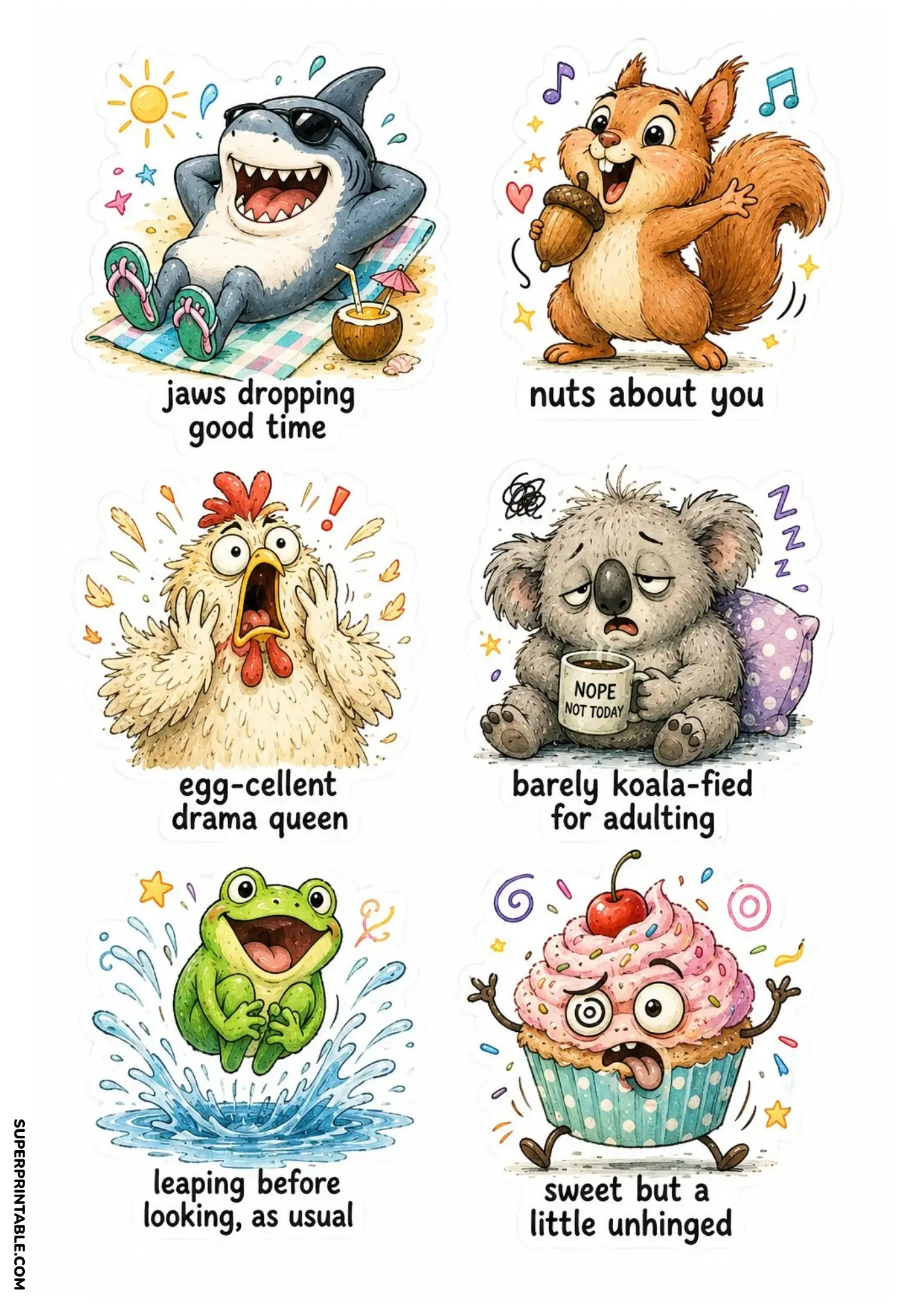 Funny cute animal sticker sheet featuring duck, raccoon, hamster, penguin, cow and fried egg printable stickers